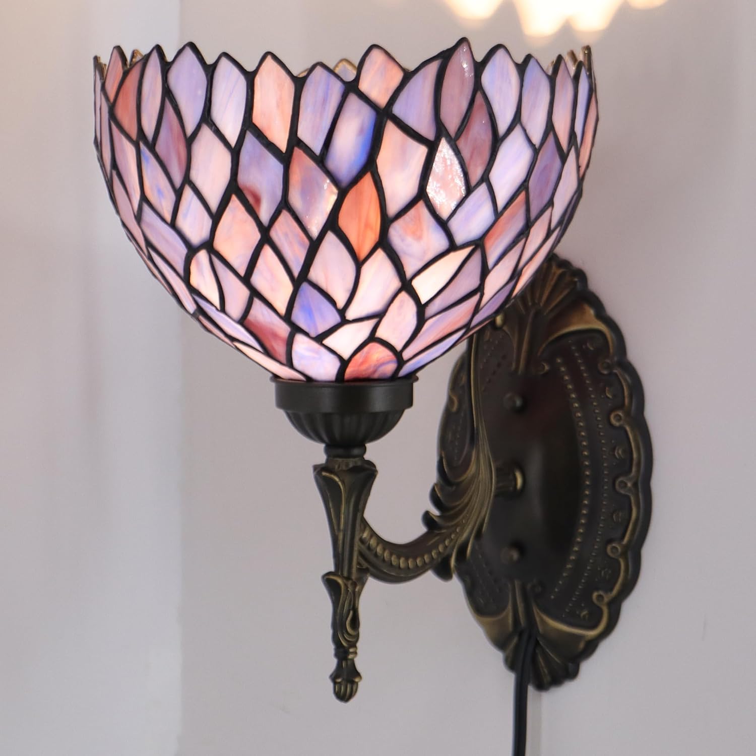 Tiffany Wall Sconce Lamp Plug in with 8 inch Stained Glass Lampshade 8X10.5X11 Inch Stained Glass Wall Lamp (Wisteria Style)