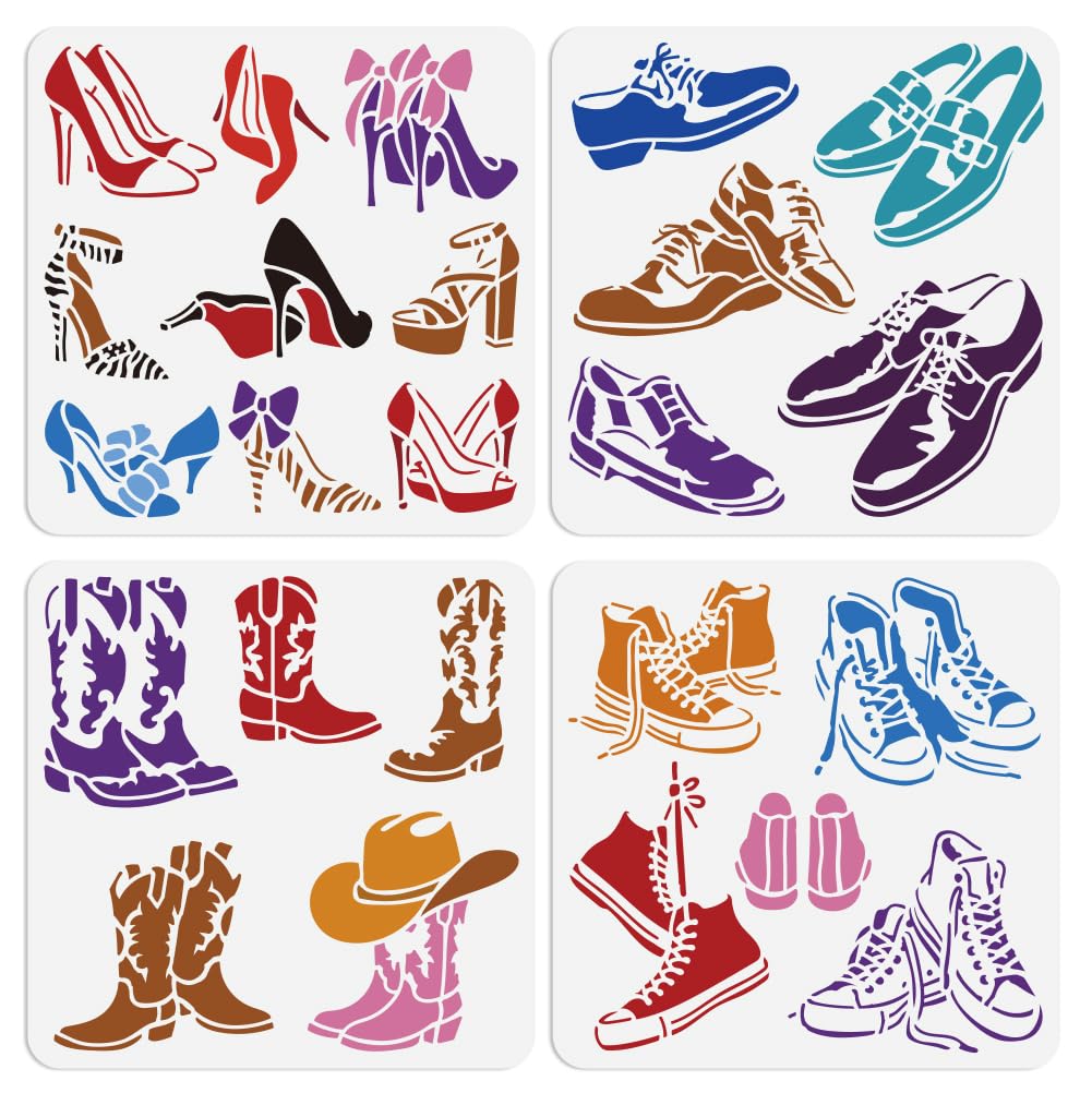 DOODLREAM 4Pcs High Heels Leather Shoes Stencils for Painting, 30 x 30 cm Reusable Cowboy Boots Stencil Drawing Templates, Canvas Shoes DIY Craft Paint Templates for Wall Home Decor Wood Burning