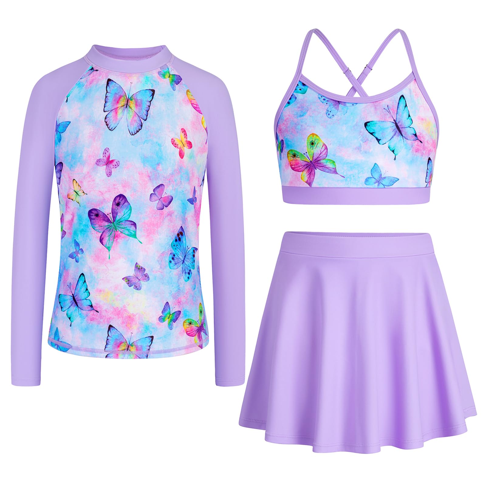Girls Swimsuit Long Sleeve Swim Shirt 3 Piece Rash Guard for Girls Bathing Suit with Boyshorts