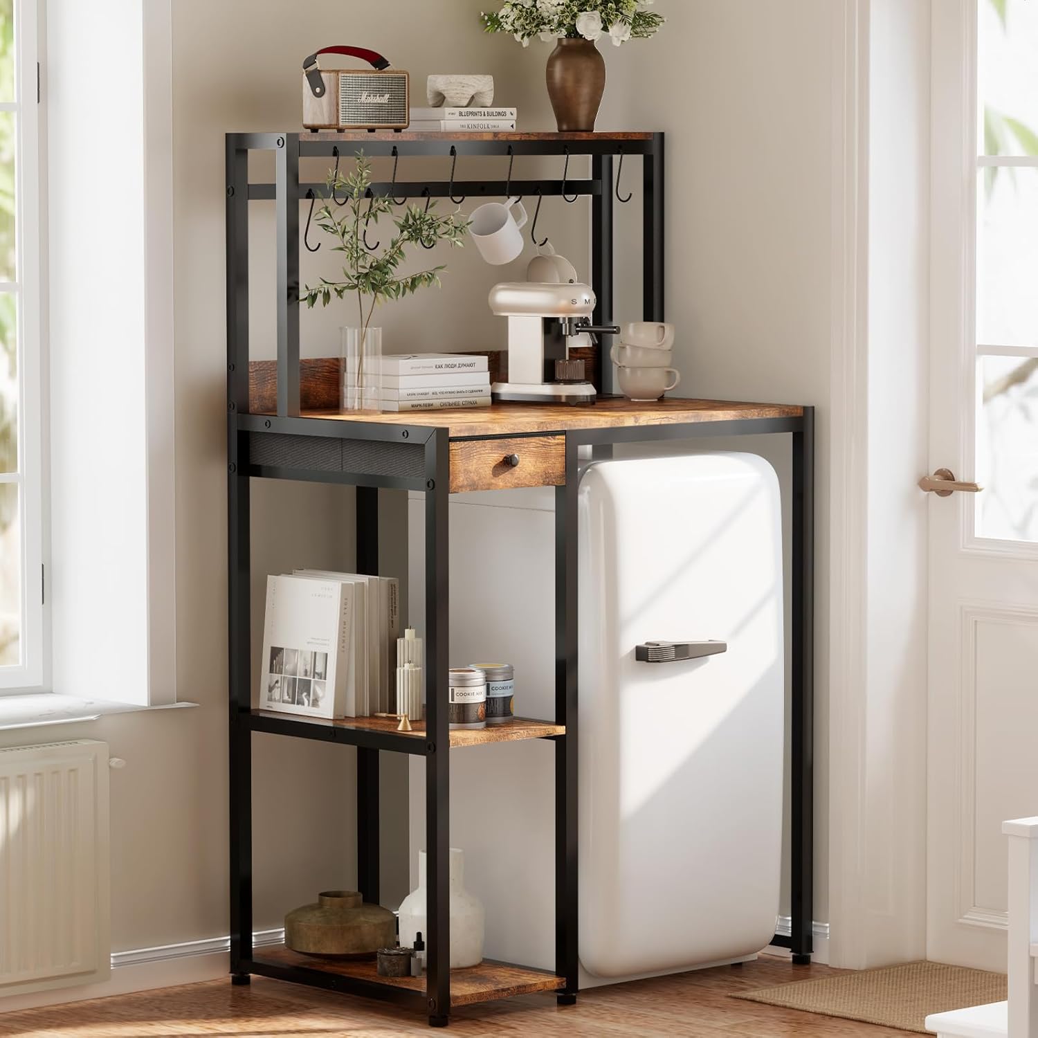 Mini Fridge Stand with Power Outlet & Storage, Rustic Microwave Stand Bakers Rack, Coffee Bar Cabinet for Kitchen, Dorm and Office