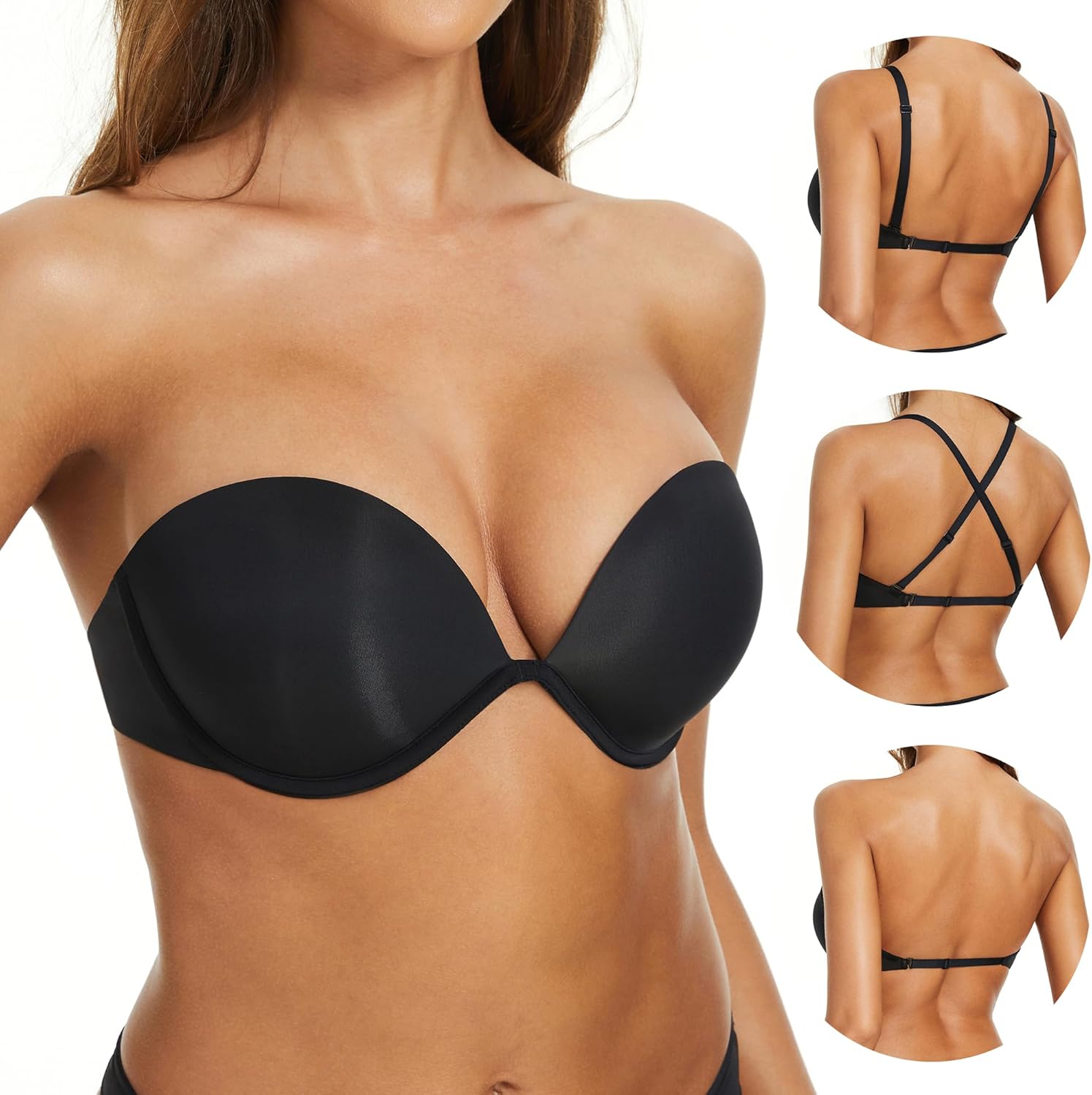 Women's Strapless Bra Push Up-Non Slip Invisible Underwire Low Back Multiway Support Padded Plunge Bra for Comfort Lift