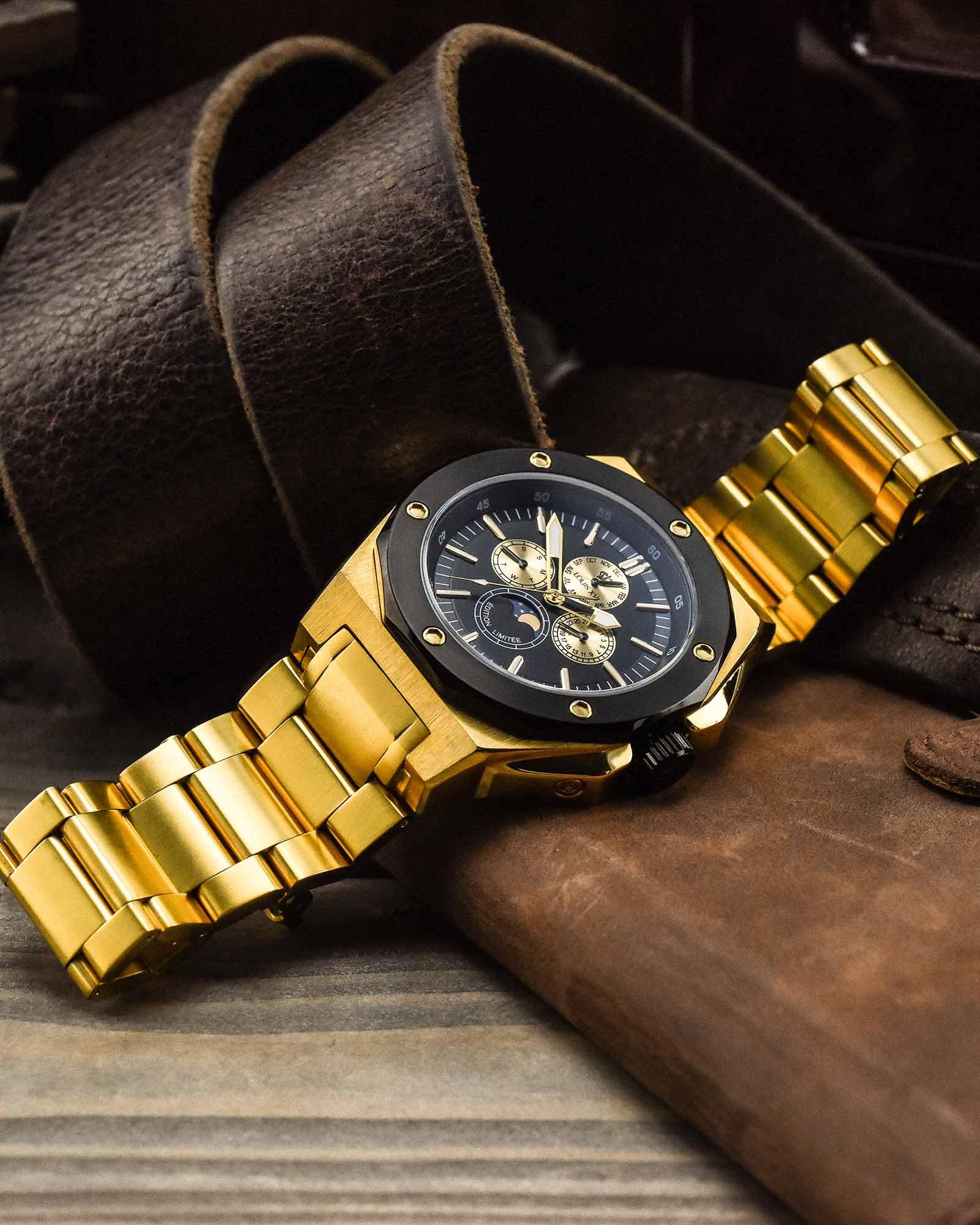 LOUIS XVI Herren-Armbanduhr Le Souverain Stahlband Gold Schwarz Mondphase Analog Quarz Edelstahl 626