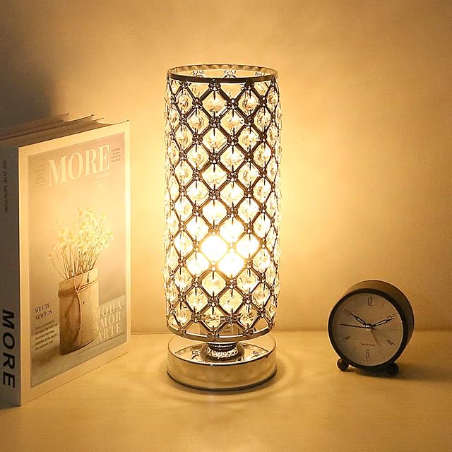 Crystal Table Desk Lamp, Kakanuo Modern Bedside Table Lamp, Nightstand Decorative Room Table Lamp, Sliver Lamp Shade Night Light Fixture for Living Room/Bedroom/Dining Room/Kitchen