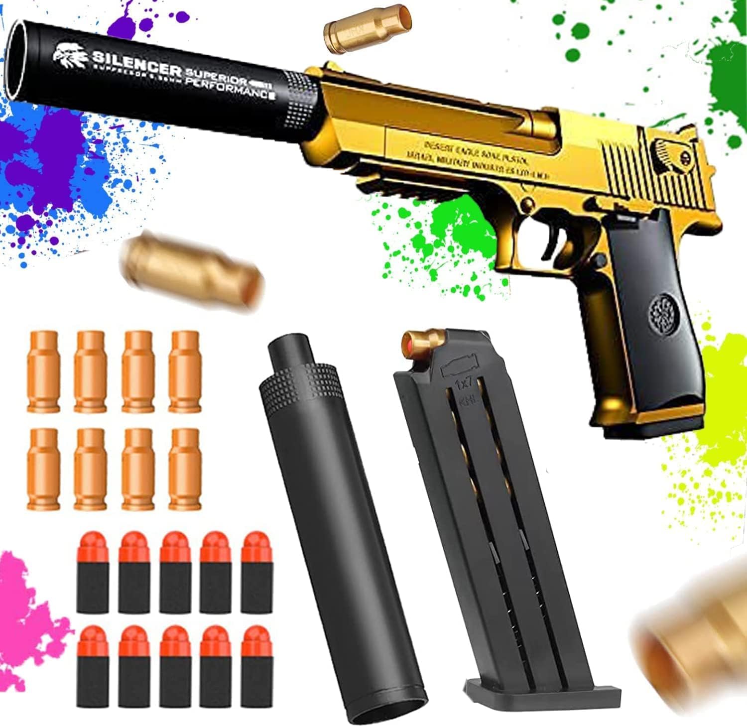 Toy Gun Cool Fake Pistol Rubber Bullet Guns That Look Real Realistic Ejecting Magazine Cap Training Play Fun Unique Birthday Gift For Boys Girls Kids Children (Gold)