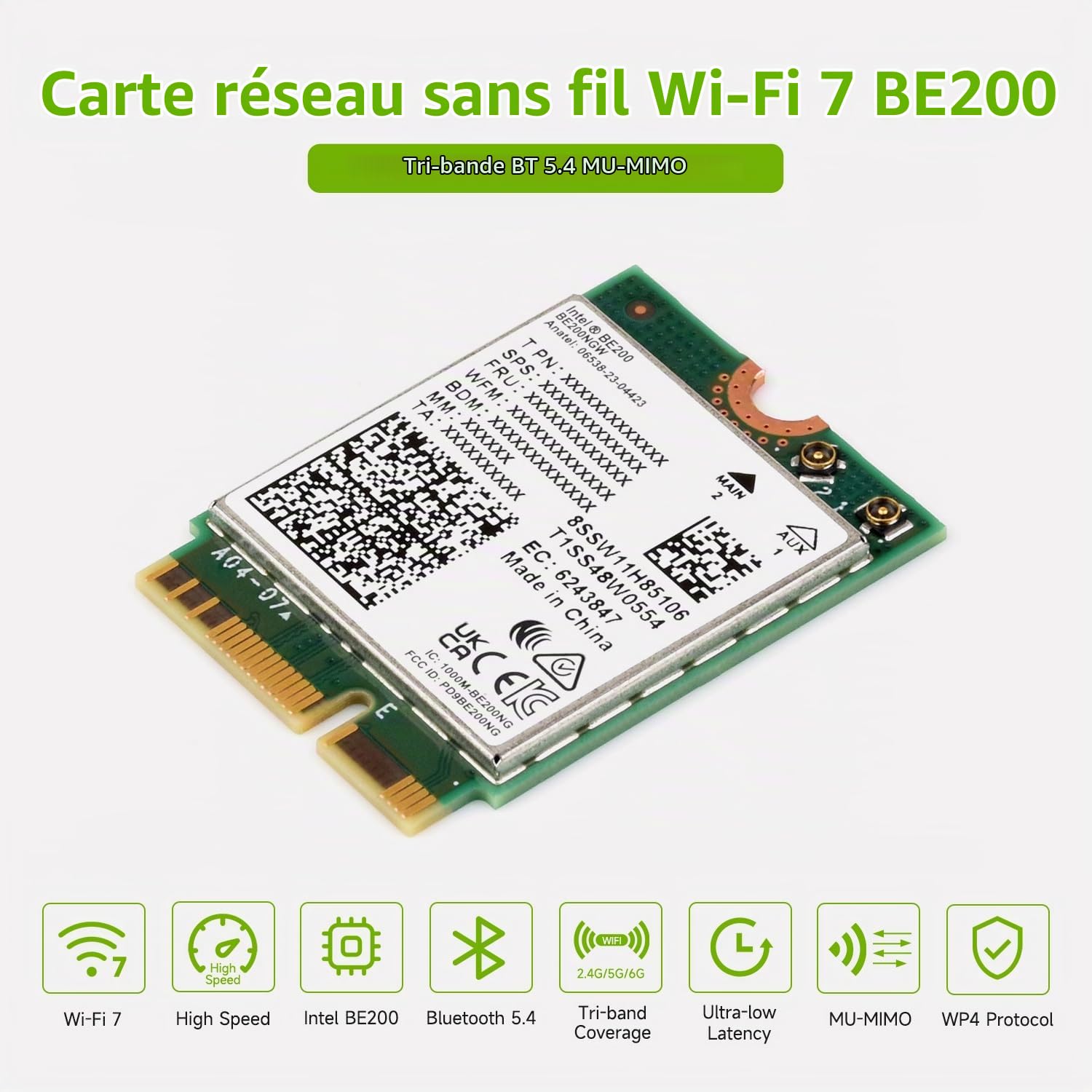 Waveshare Wireless BE200 NIC, Gigabit Tri-Band Wi-FI 7, Supports IEEE 802.11a/b/g/n/AC/be/AX Standard, Blue-T 5.4