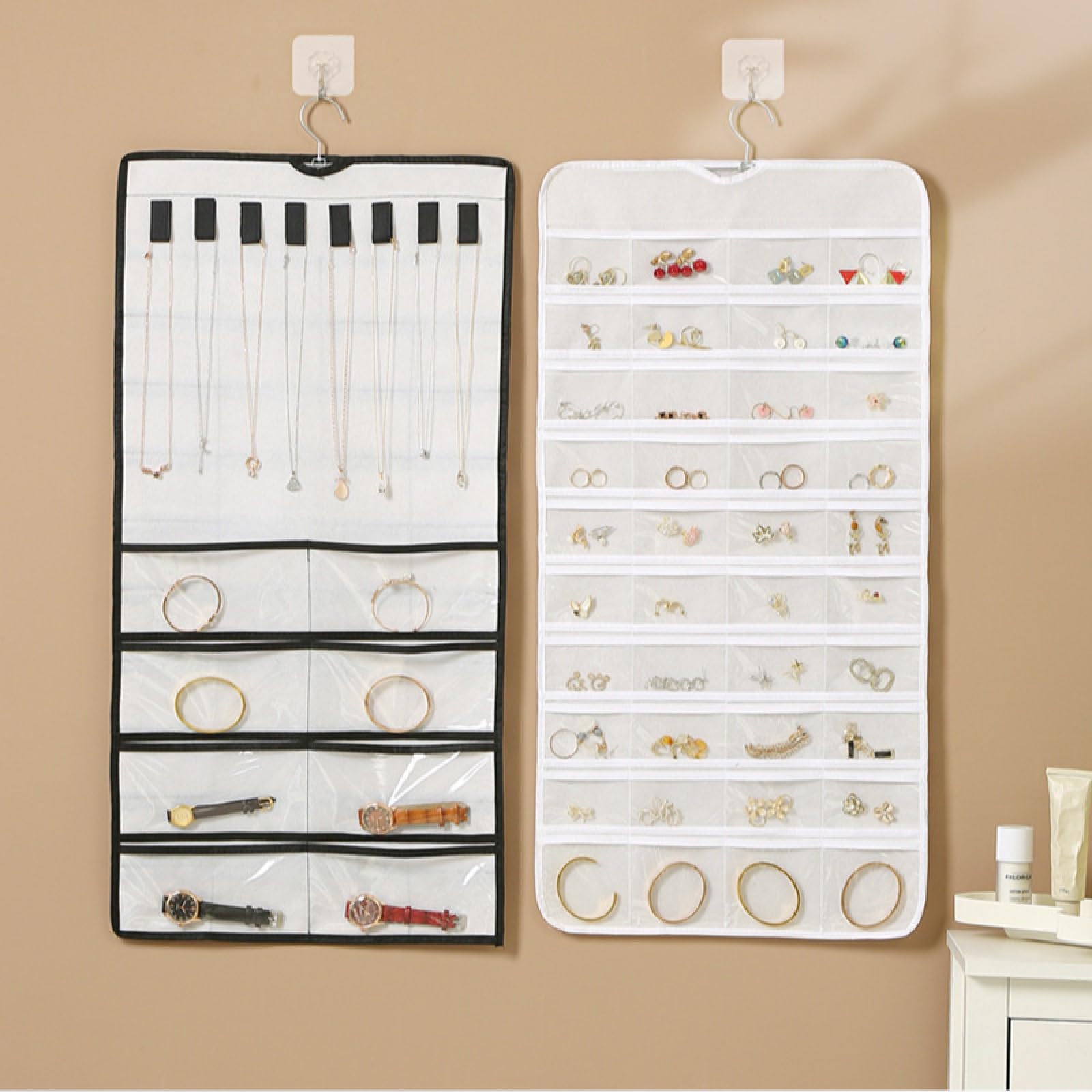 Organizer per Gioielli,Organizzatore di Gioielli da Appendere,Storage Doppia Faccia per Gioielli,Hanging Jewelry Organizer per Armadio,Doppia Faccia Porta Gioielli da Appendere con 48 Tasche(bianco)
