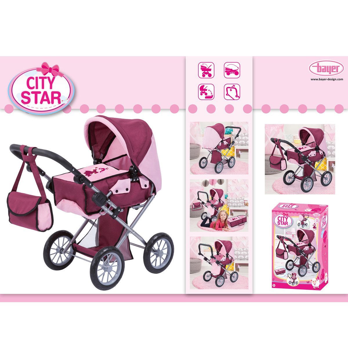 Bayer Design 13614AA wózek dla lalek City Star, bordowy/miękki różowy