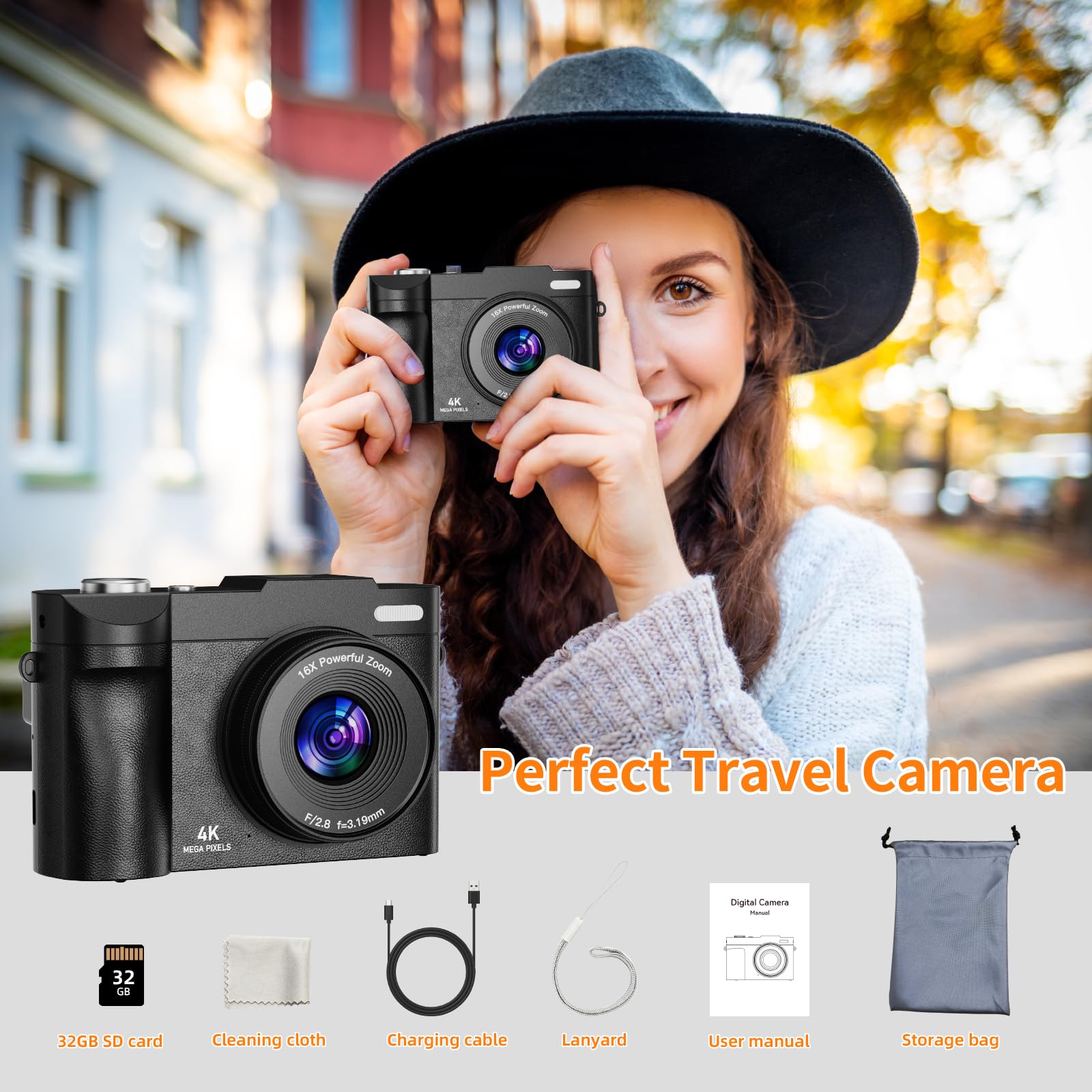 Digitalkamera 4K 50MP Kamera Fotokamera Maxmango Autofokus mit 2.8'' 180° Klappdisplay, 16X Digitalzoom Wiederaufladbare Kompaktkamera mit 32G Karte, Vlogging-Kamera für Kinder Teenager Anfänger