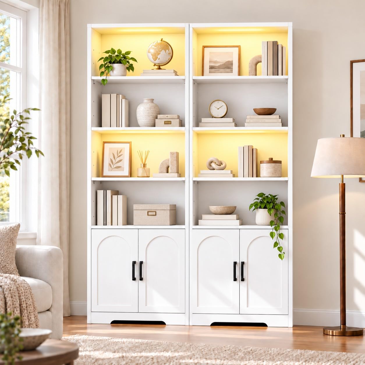 IRONCK 190cm Bücherregal Bücherschrank mit LED-Beleuchtung & Türen, weiß