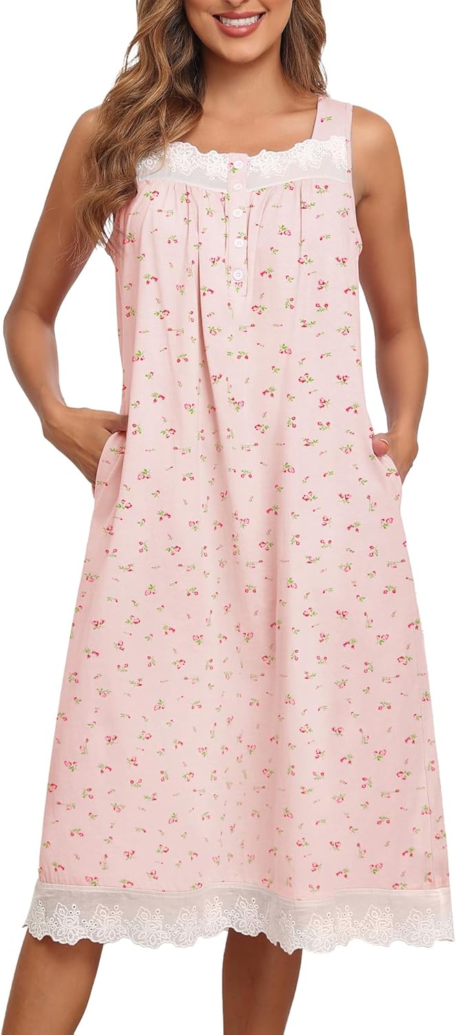 Bloggerlove Nightgowns for Women 100% Cotton Button Down Sleeveless House Dress Lace Moomoo Nightgown with Pockets