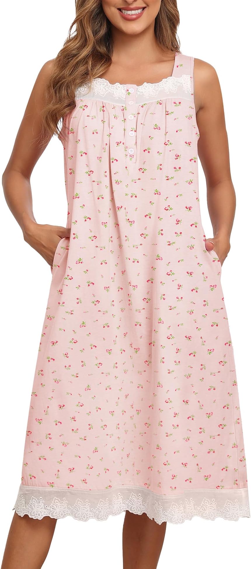 Women's 100% Cotton Nightgown with Pockets, Sleeveless Sleep Dress