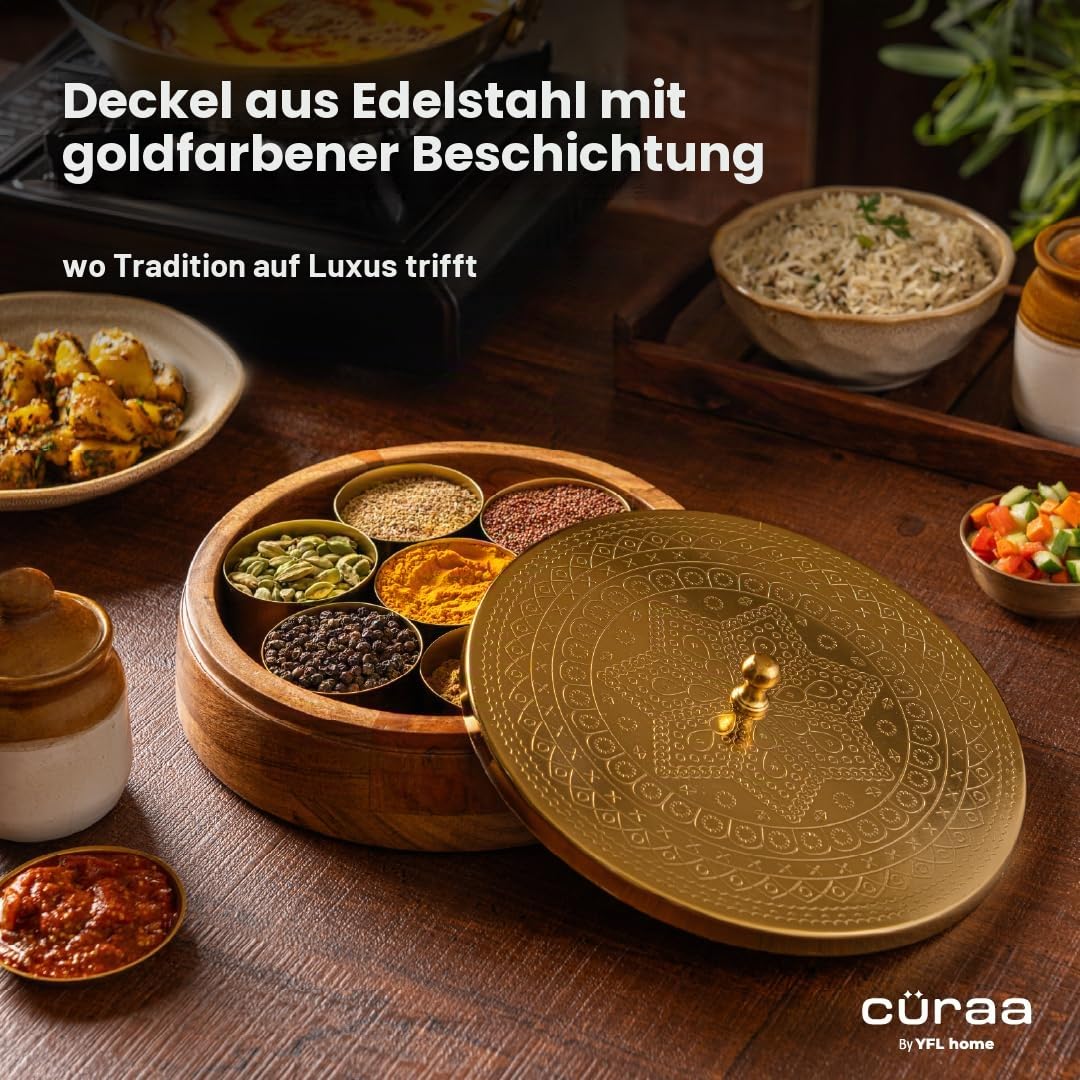 CÜRAA YFL Home Gewürzbox für Küche mit Löffel (Akazienholz, 7 herausnehmbare Behälter, 120ml) | Masala Box für Küche | Gewürzaufbewahrungsbox | Stilvolle Masala Dani für Geschenk