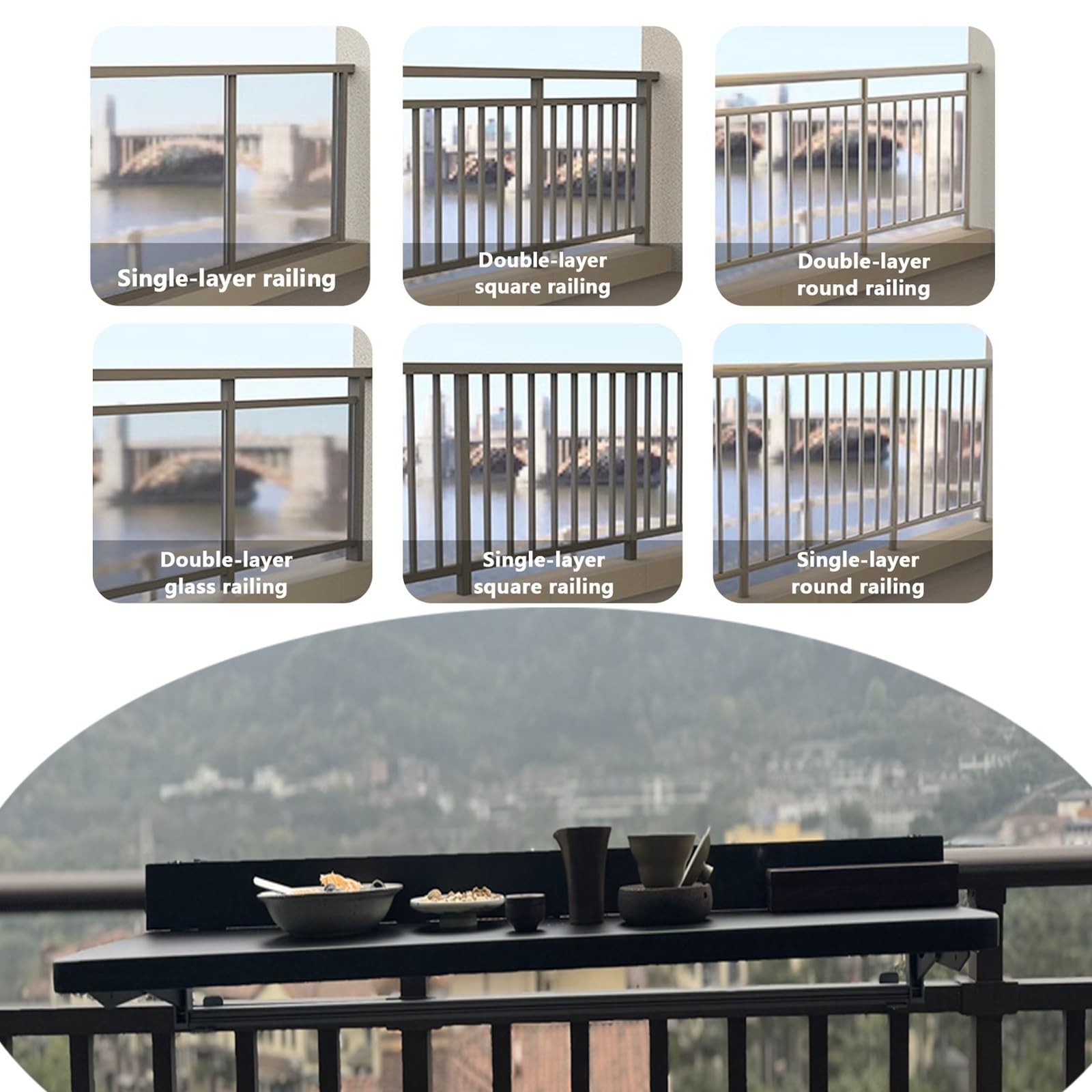 Tavolino Pieghevole da Parete per Balcone e Patio, Tavolo da Portata sospeso Regolabile, tavolino salvaspazio per Interni/Esterni (Nero, 100x39 cm)