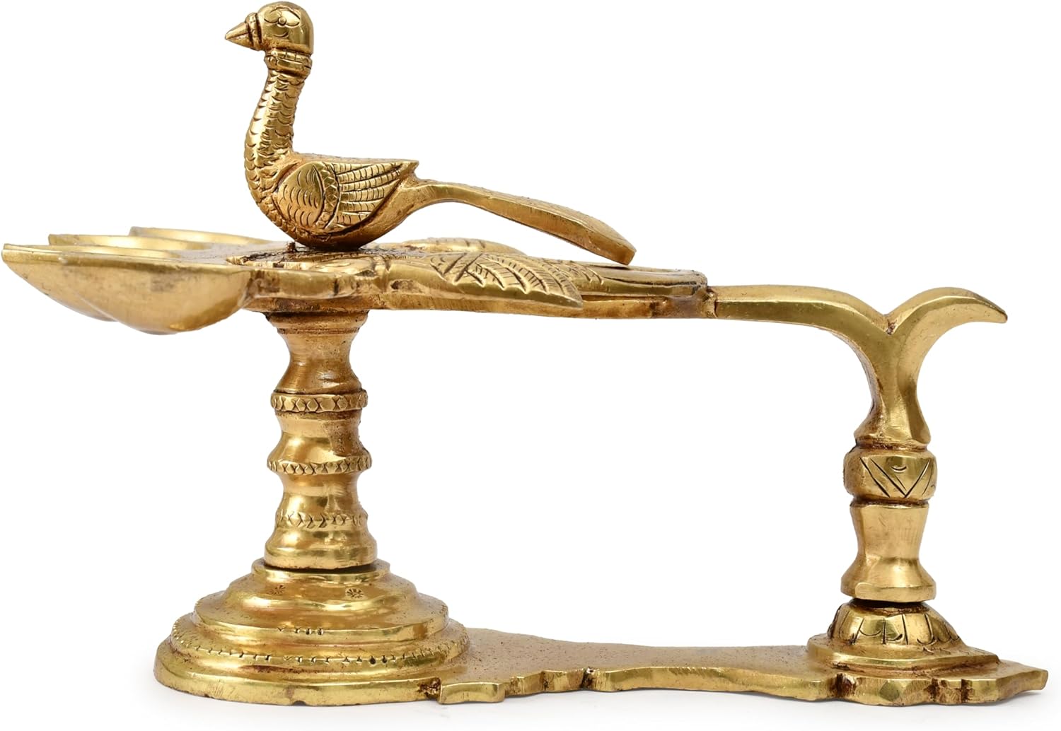 Panchmukhi Brass DiyaStand with 5 Wicks Mayuresvara Panch Aarti Diya with Handle Peacock Design with 5 Oil Wick Brass Aarti Hand Diya for Navratri and Diwali Pooja
