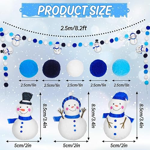Miniatura 2 de AnyDesign Guirnalda de bolas de fieltro de Navidad de 8.2 pies para invierno, lindo muñeco de nieve con pompones, guirnalda colgante de Navidad para