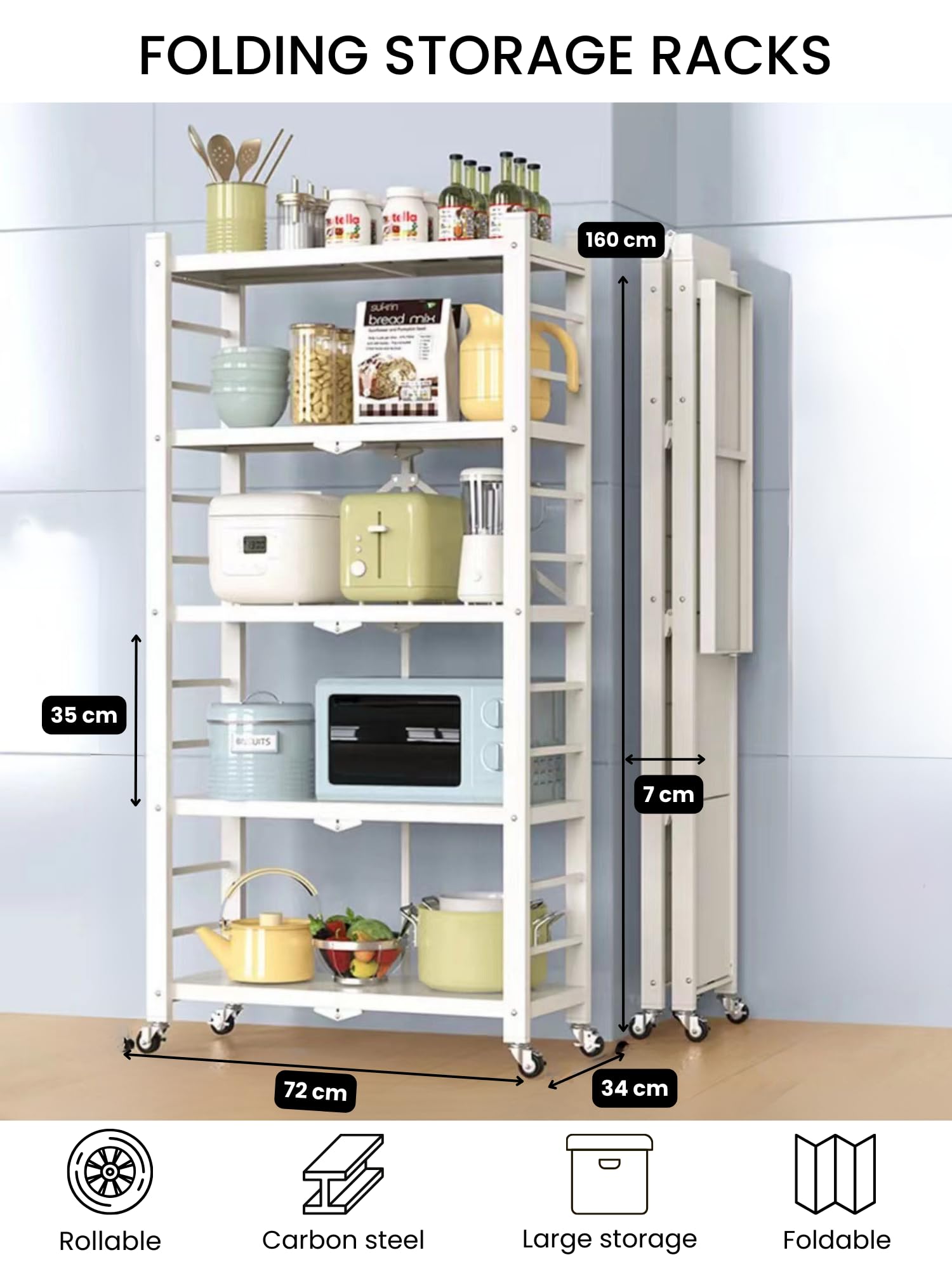 MAGIC SELECT Regal zu Lagern. Modulares Mehrzweckregal. Regal mit Rädern. Klappbares Standregal. Möbel für Küche, Bad, Schlafzimmer, Wohnzimmer mit 5 Ablagefächern.