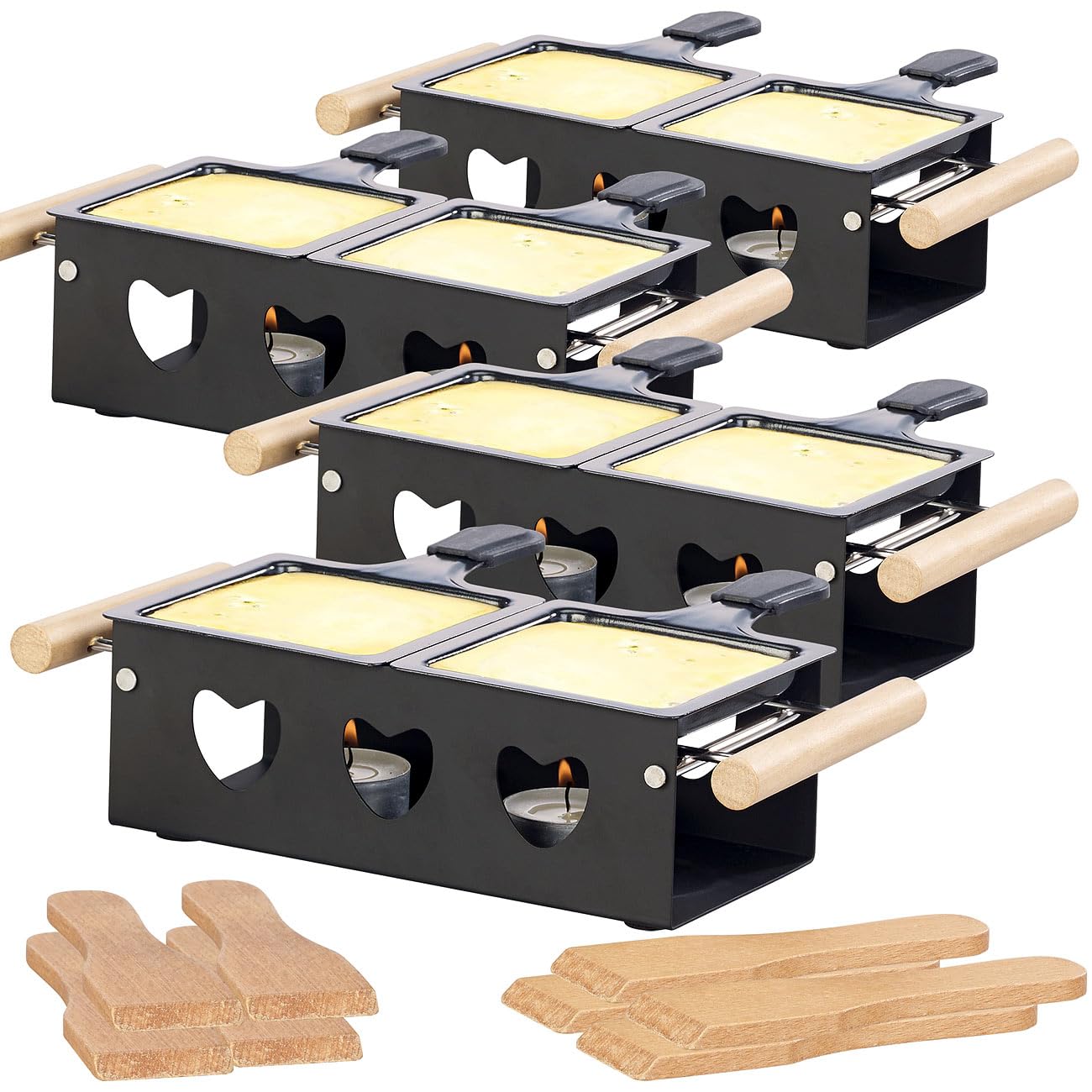 Rosenstein & Söhne Raclette ohne Strom: 4er-Set Teelicht-Raclette für 2 Personen, mit Schabern und Teelichtern (Faltbares Teelicht, Camping, Grill)