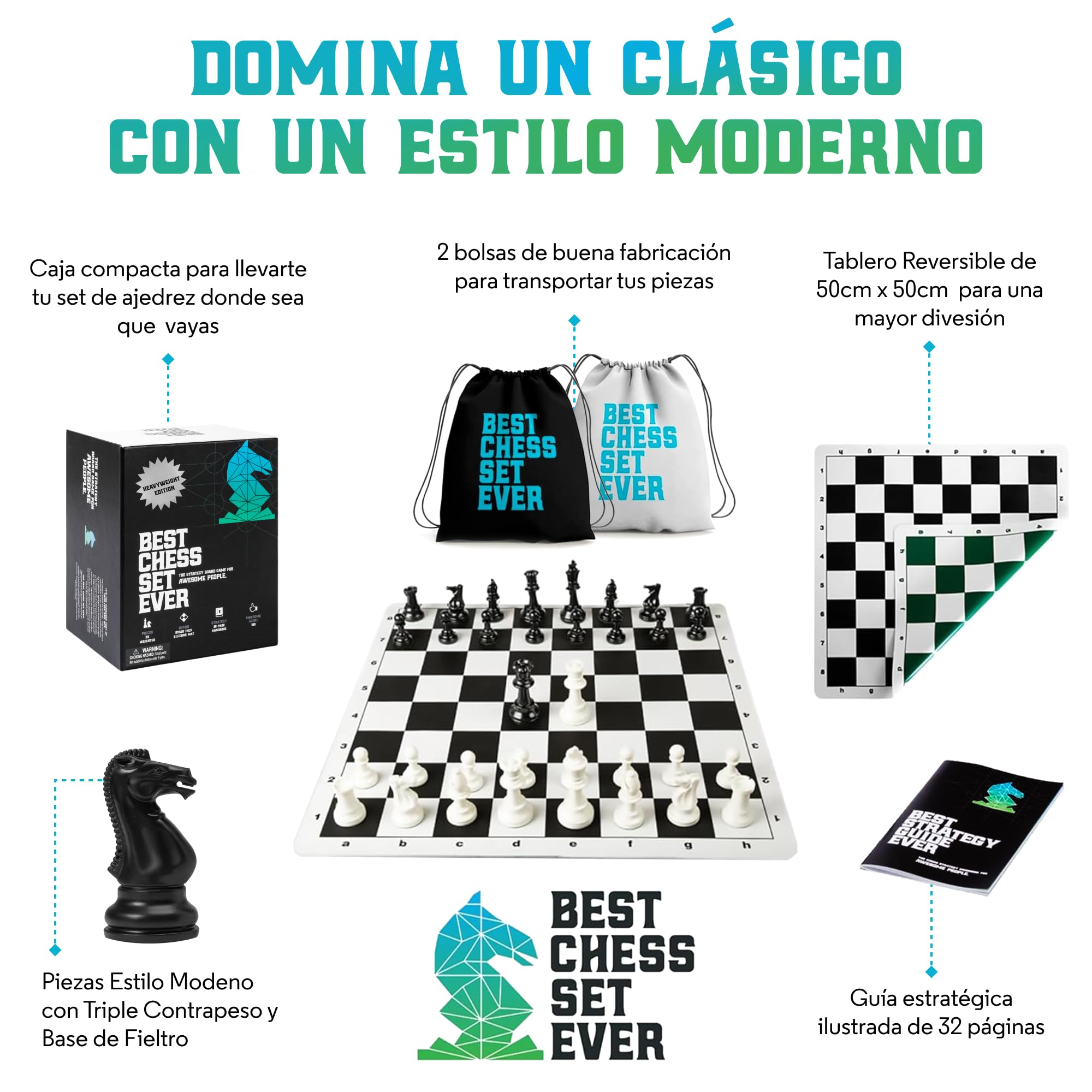 Best Chess Set Ever Set Profesional de Torneo Piezas Staunton Peso Triple | Tablero de silicona doble cara 50x50cm, piezas Staunton, guía 32 páginas y bolsa viaje. Para profesionales y principiantes