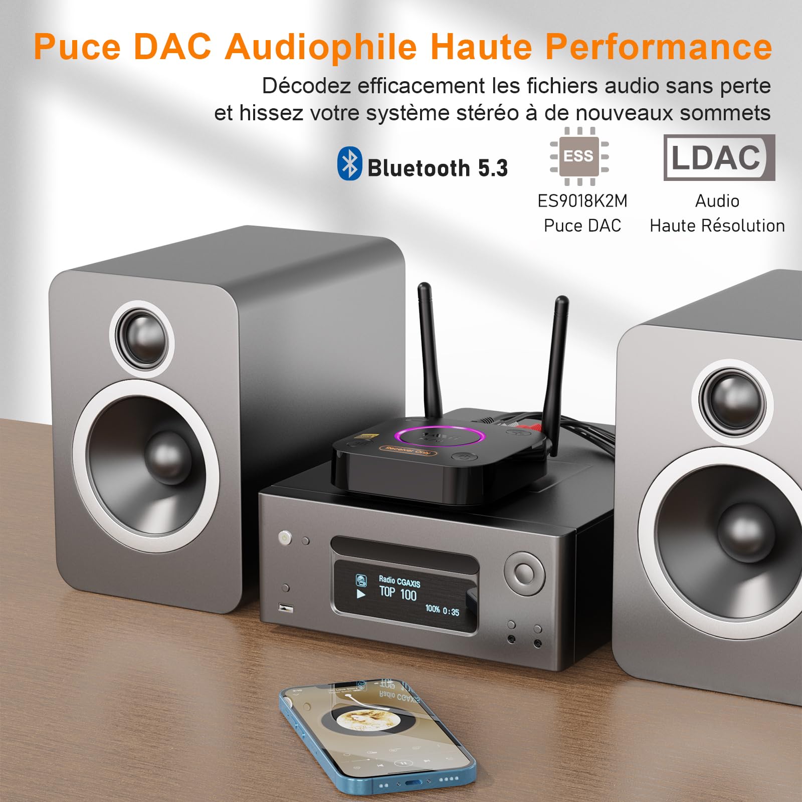 1Mii B06Ultra LDAC Récepteur Bluetooth 5.3 pour Chaîne Stéréo HiFi, Adaptateur Audio Bluetooth avec DAC Audiophile, aptX HD&LL, Contrôle du Volume, 3D Surround, Optique 3,5 mm Jack Coaxial