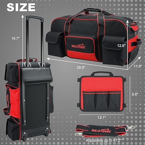 Miniatura 3 de MELOTOUGH Bolsa de herramientas rodante con ruedas, organizador de bolsa de herramientas de gran capacidad con mango telescópico oculto para