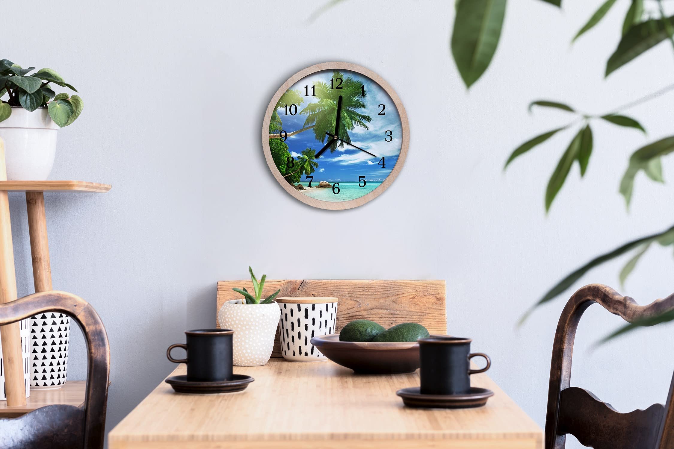 Tulup Reloj de Pared Madera ⌀ 30cm Relojes de Madera De Cuarzo Silencioso Moderno Decoración - Paisaje Palma Islandia