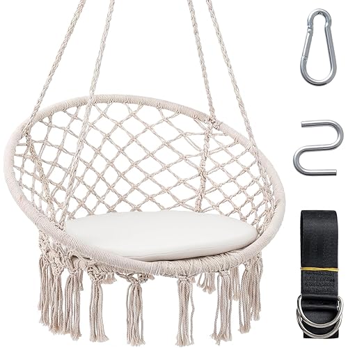 Happygrill Swing Chair, Macrame Hammock Chair with Round Seat Cushion, Enduring Polyester Cotton Ropes & Sturdy Metal Rings, Indoor & Outdoor Boho Hanging Chair for Patio, Bedroom, Balcony (Beige)