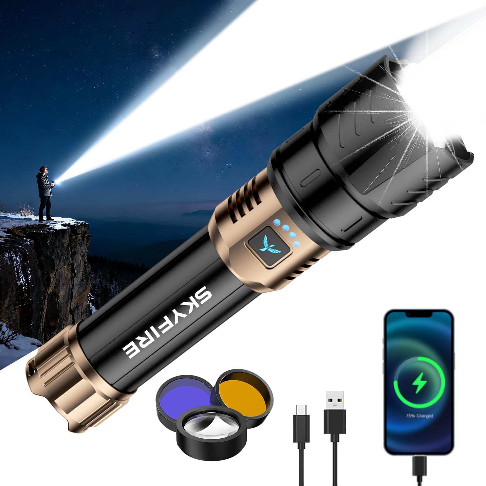 SKYFIRE Flashlights High Lumens with Ignition Lens & 3 Colors Light,10000 Super Bright Re…