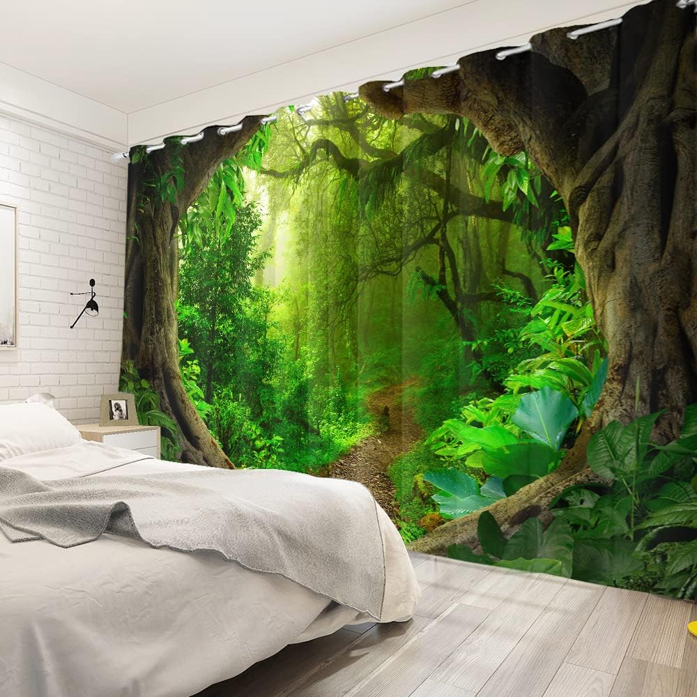 Spring Enchanted Forest Window Curtains Tropical Rainforest Green Jungle Leaves Old Trees Window Drapes 2 Panels Set for Living Room Bedroom Decor Window Treatment, 42x108 Inch