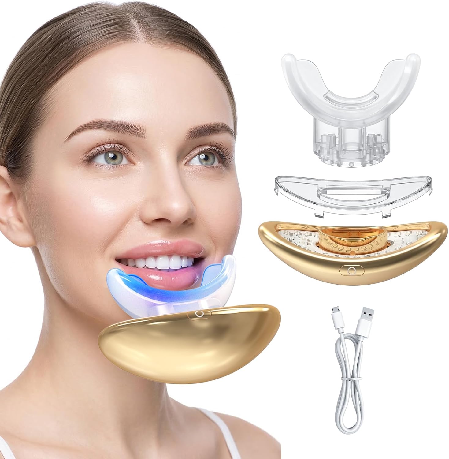 Rika Lip Plumper Device—2 in 1 Lip and Teeth Care Tool, Smooth Lip Wrinkles, Lip Plumper, Teeth Whitening Kit, LED Accelerator Light, Teeth Whitening Gel 3ml*2,Whitens up to 10 Shades in 7 Days (Gold)