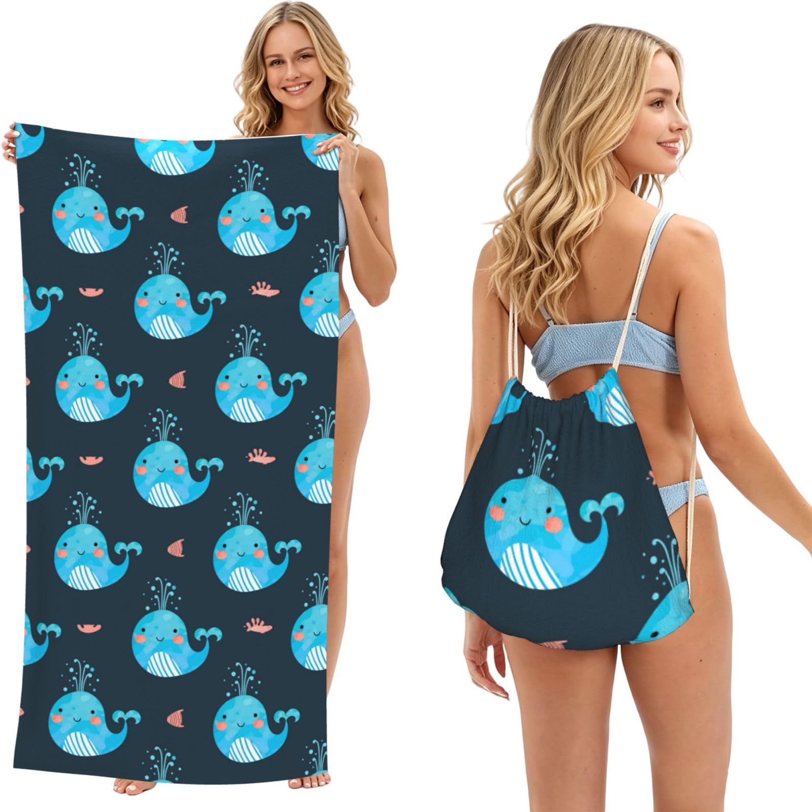 Poadnly As Picture Cute Whales And Fishes, 2 In 1 Packable Towel Bag, Beach Towels With Drawstring Backpack For Travel Holiday Camping