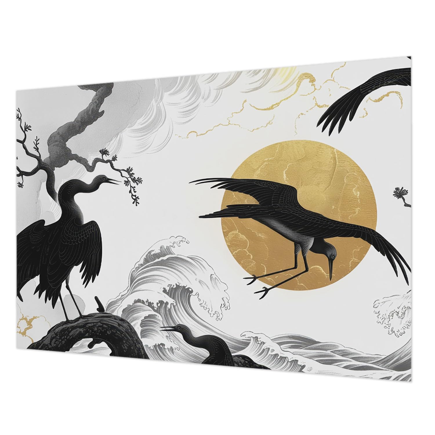 Papier peint intissé motif grues noires 208x146 cm décoration intérieure Tulup