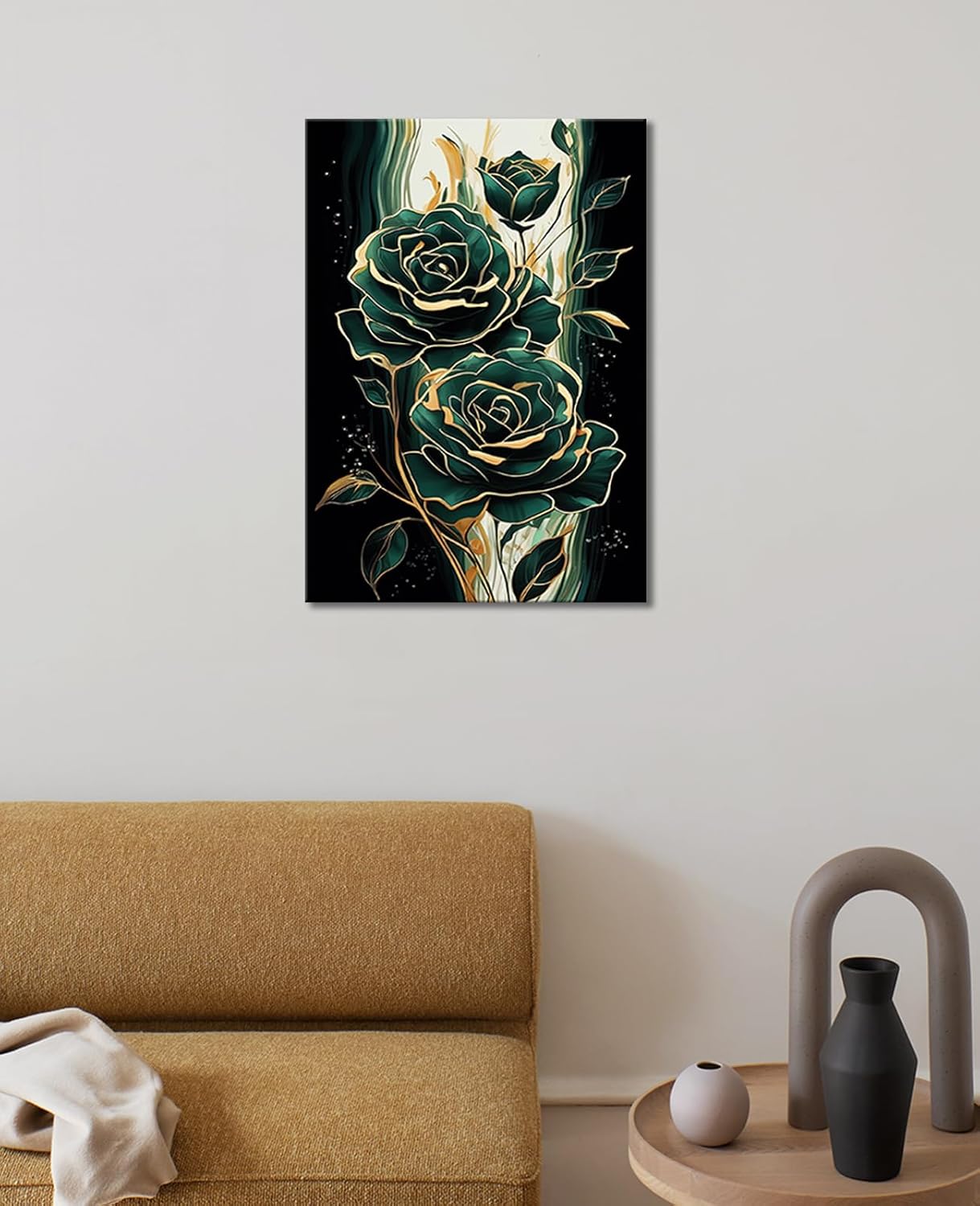 Emerald Green Flower Wall Art Gold Emerald Rose Wall Decor Modern Floral Canvas Print Painting Picture Artwork for Bedroom Bathroom Home Decor,Framed