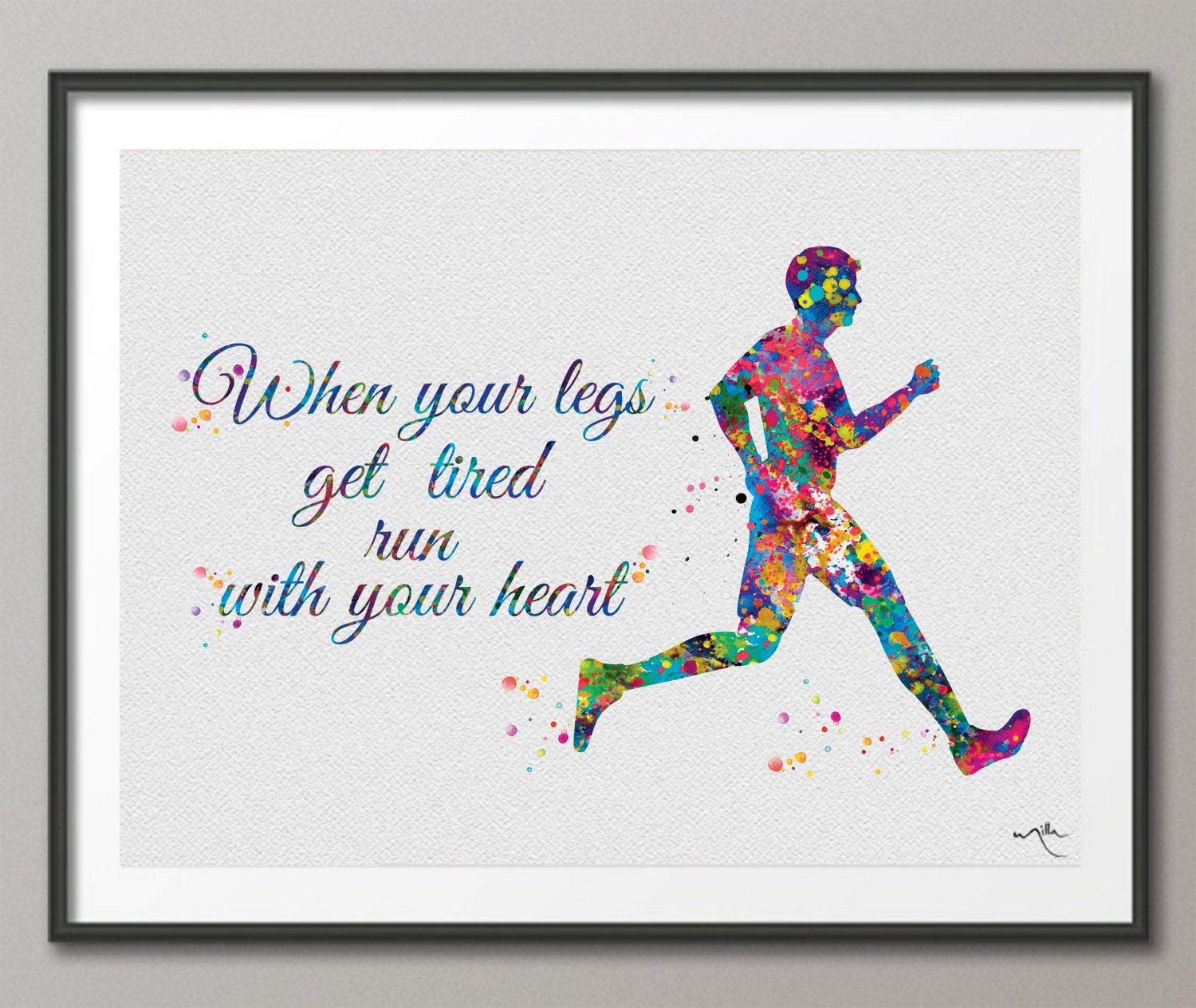 COCOMILLA Runner Man Watercolor Print Runner Male Boy When your legs get tired run with your heart Quote Poster Sport running Marathon Gift Winner-648