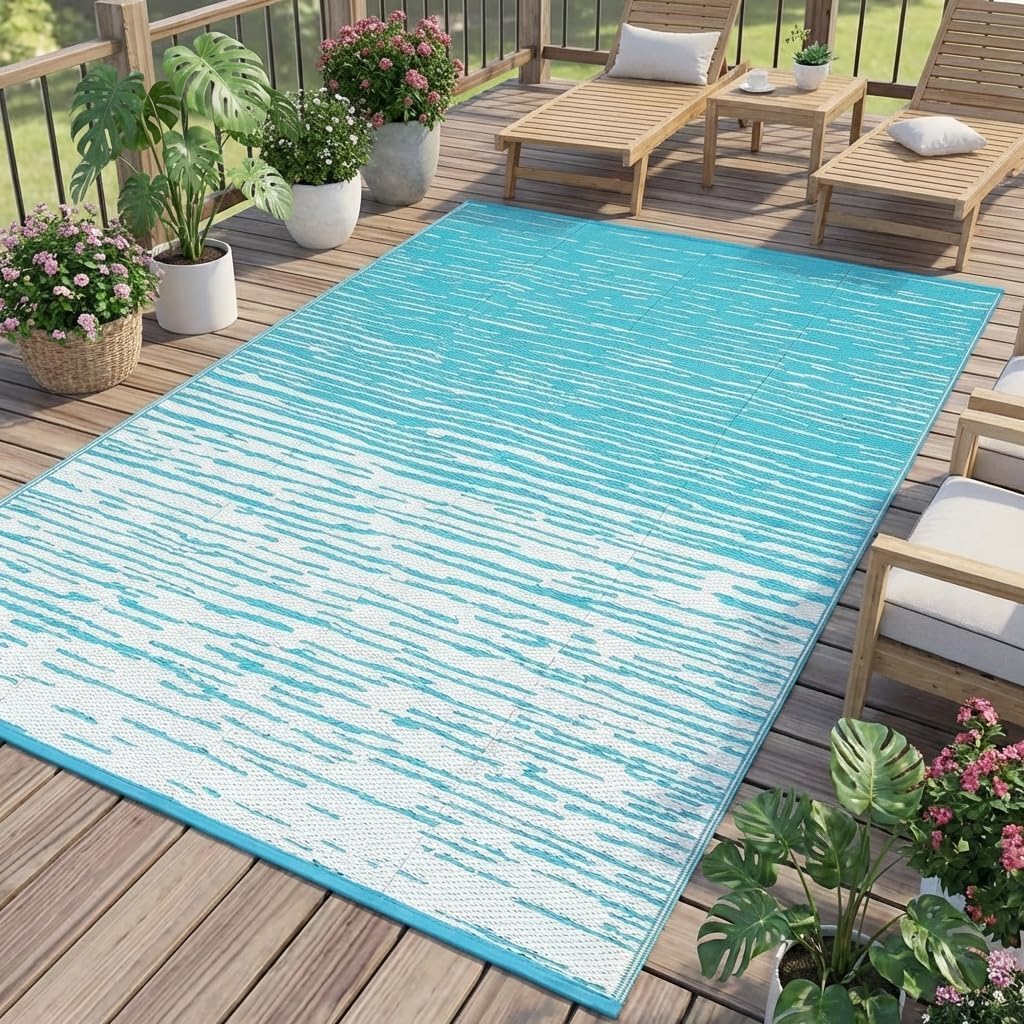 Outdoor Rug 5x8 Waterproof Patio Rugs Abstarct Line Reversible Mat for Front Door Rv Foldable Plastic Straw Carpet for Travel Trailers, Deck, Picnic, Porch, Camper, Balcony, Beach，Light Blue