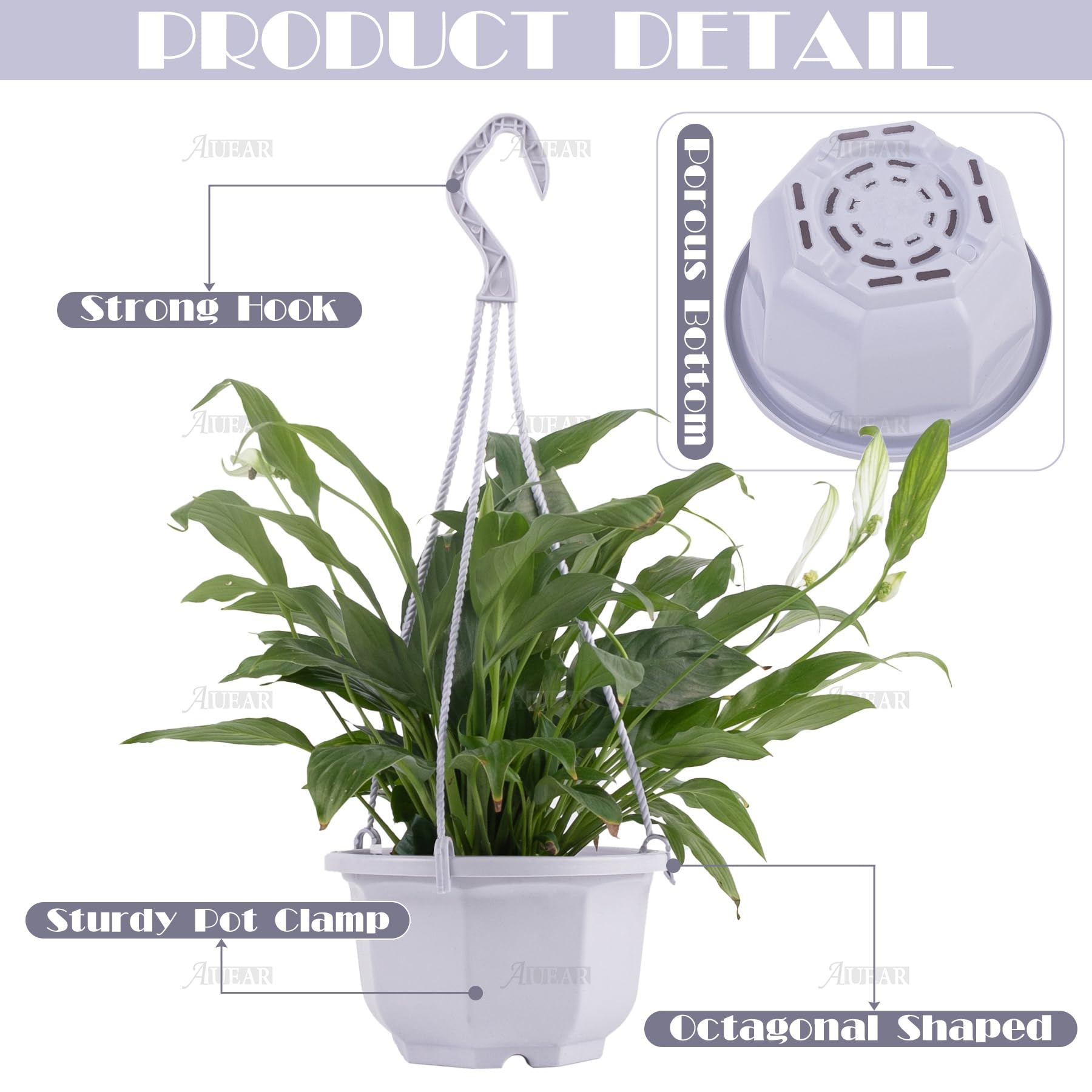 AUEAR, Lot de 50 cintres en plastique pour plantes à suspendre avec trous de drainage et crochets pour intérieur et extérieur Blanc