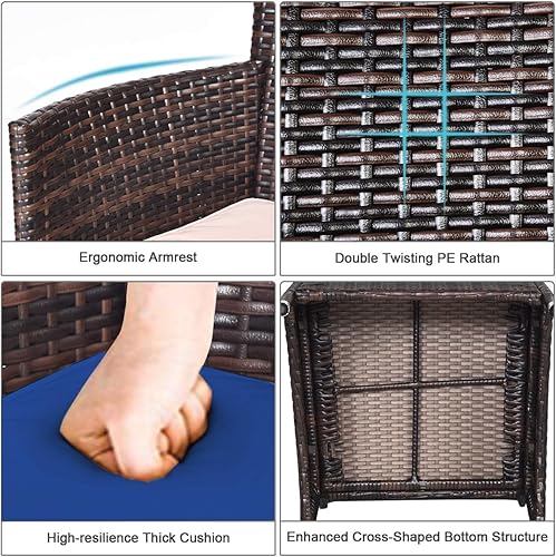 Miniatura 8 de Tangkula Juego de muebles de patio de 3 piezas, juego de conversación de mimbre para exteriores con mesa auxiliar, sillas y cojines gruesos,