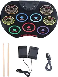 Conjunto de bateria eletrônica siwoted, portátil, fácil de tocar, pedais de enrolar, baquetas para crianças