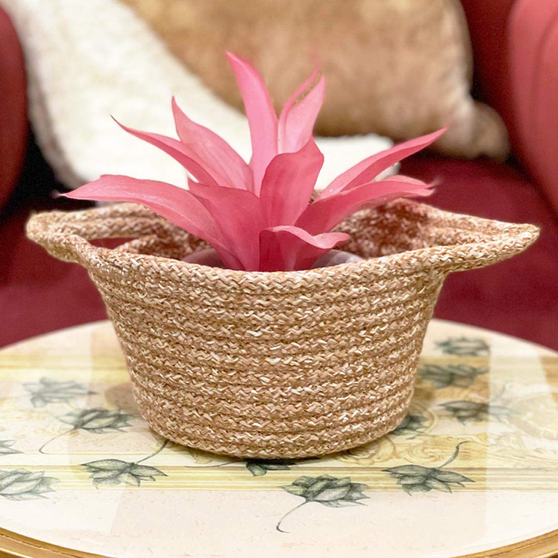 ST SAPROSE Polypropylene Multipurpose Handmade Decorative Small Storage Basket for Home, Organizer for Side Table (1pc Pack) Knit Craft Basket (Beige Melange)