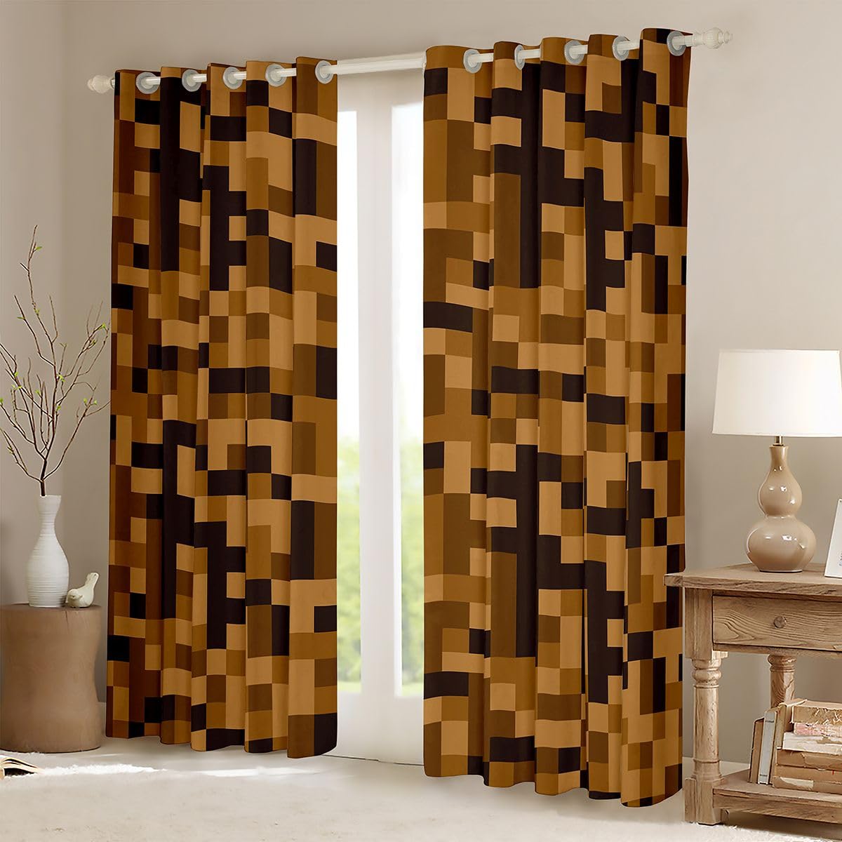 Homewish Brązowy blok pikselowy 117 cm szer. x 183 cm dł. zasłony zaciemniające, styl górników zasłona okienna do gier dla dzieci nastolatków graczy, sypialni, zabawne geometryczne zasłony i zasłony