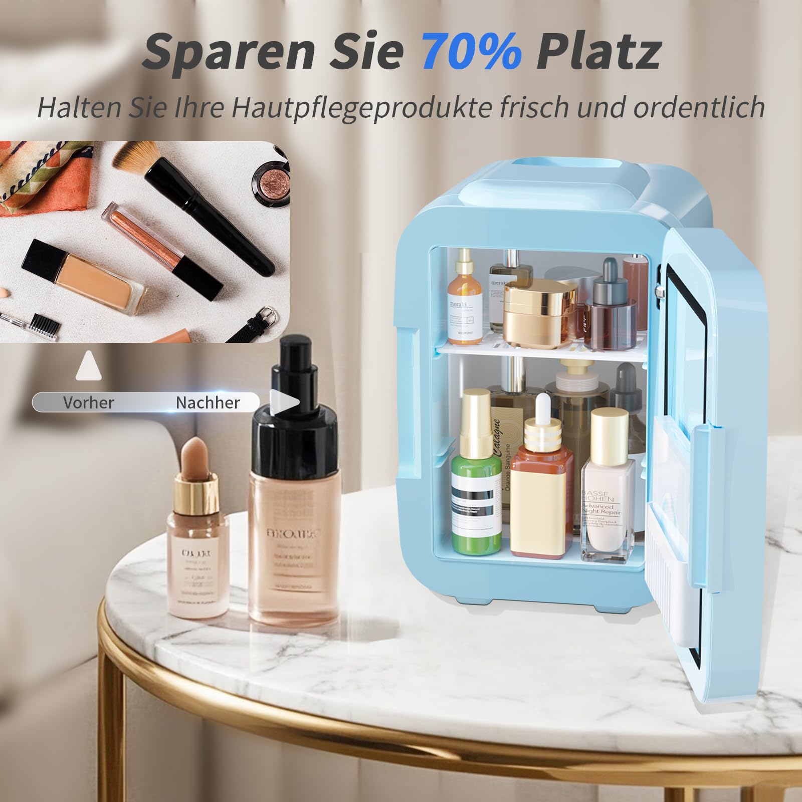 YASHE Mini Kühlschrank, Skincare-Kühlschrank mit LED-Lichtspiegel, 4-Liter-Kleinkühlschrank tragbar, 220V AC / 12V DC Thermoelektrische Heizung und Kühlung für Auto, Büro, Wohnheim (Blau)