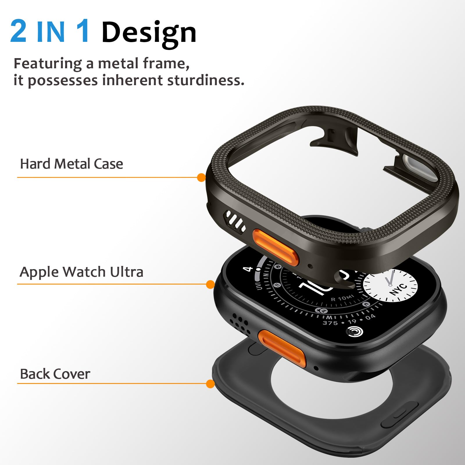 Amizee 2 en 1 Coque Compatible avec Apple Watch Ultra 3/2/1 49mm avec la Couverture Arrière, Rugged Résistant aux Chocs Bumper Résistant Protecteur Coque pour iWatch 49mm, Graphite