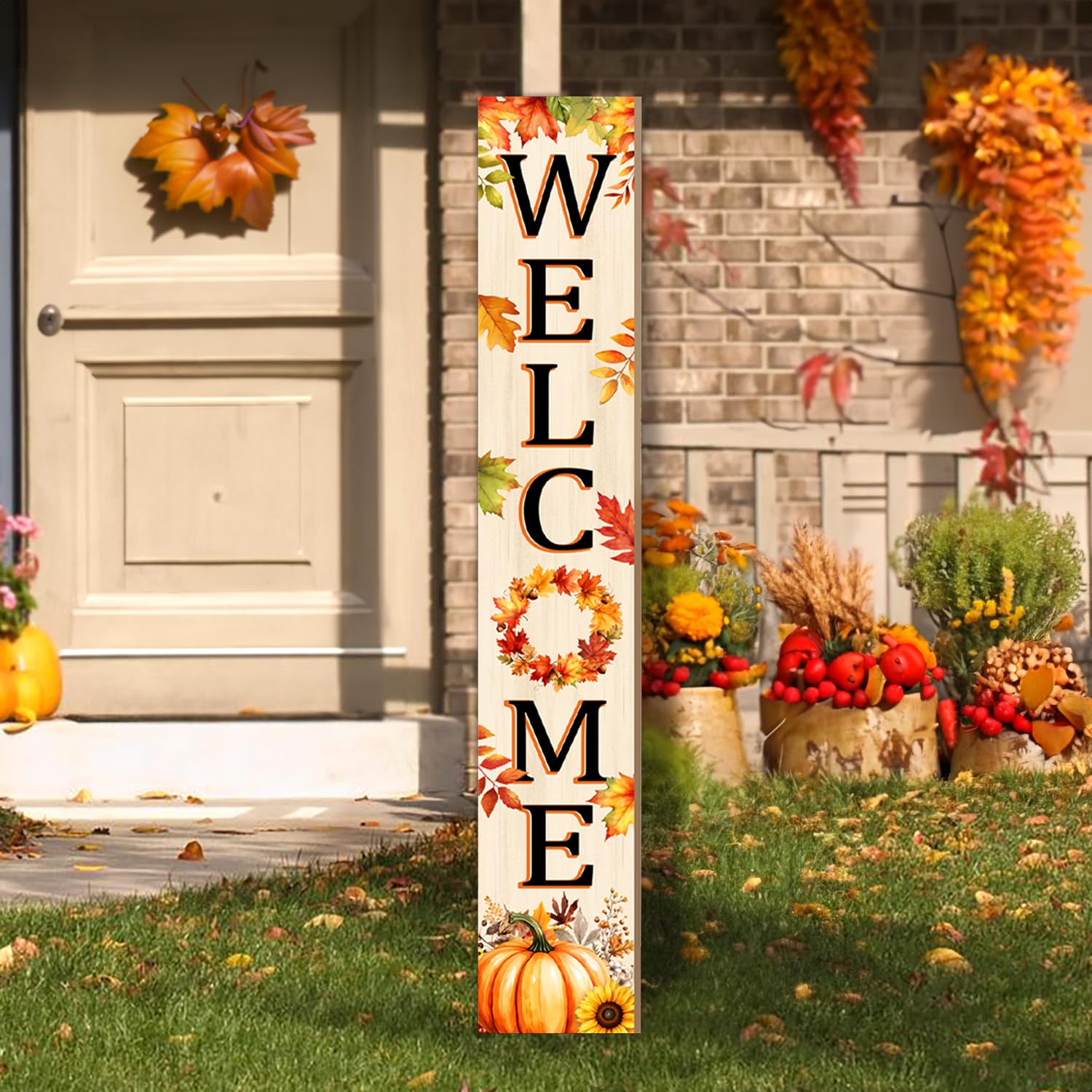 Herbst-Willkommensschild für Haustür, 119,9 cm, Herbst-Holz-Veranda-Schild, großes warmes Gruß-Türschild, Bauernhaus, vertikale Veranda, rustikal, stehend, Willkommensschilder für Terrasse, Outdoor