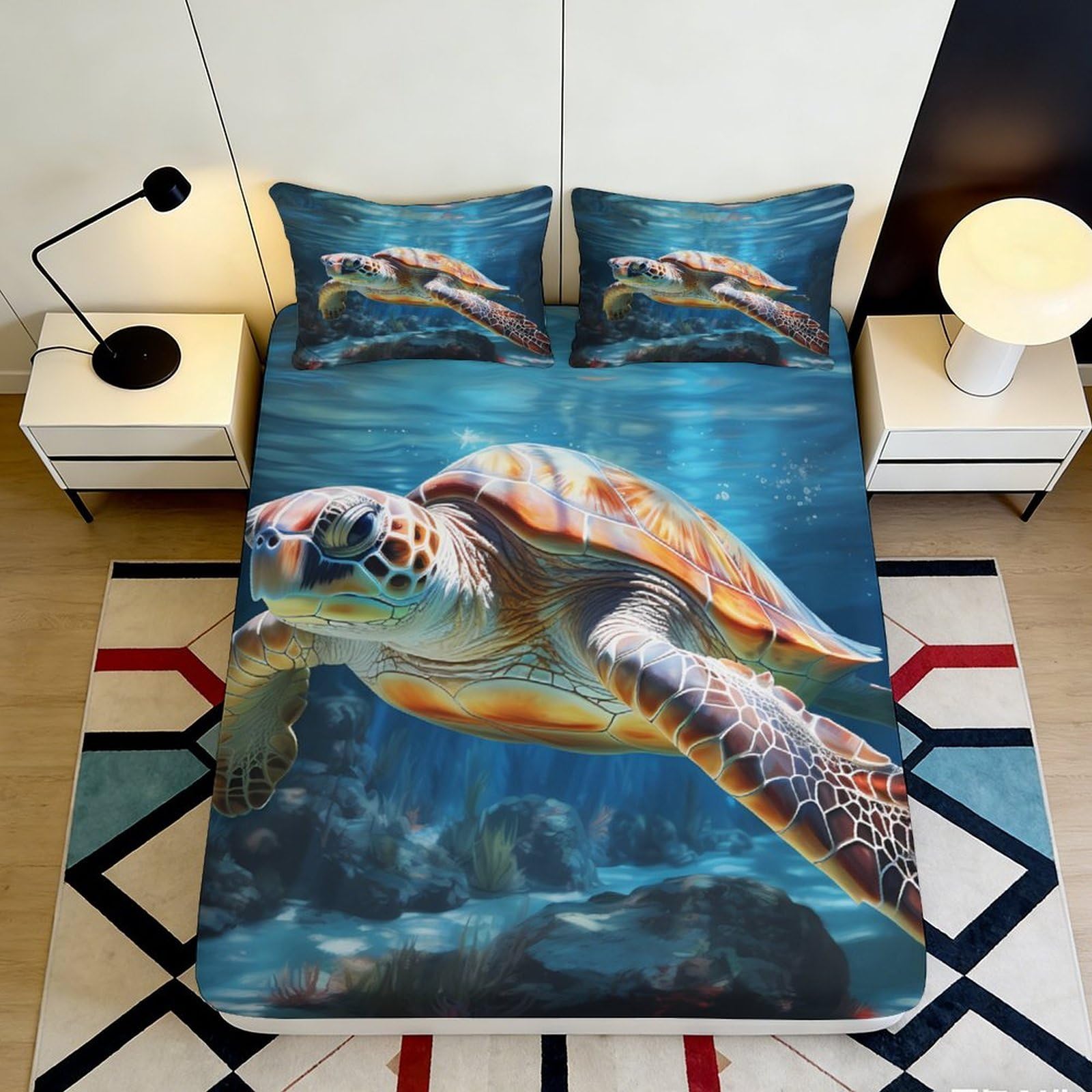 3D Printed Sea Turtle Fitted Sheet Microfiber Ocean Blue Mattress Cover for Bedroom Dorm Home Decor Easy Care 90x200x25cm