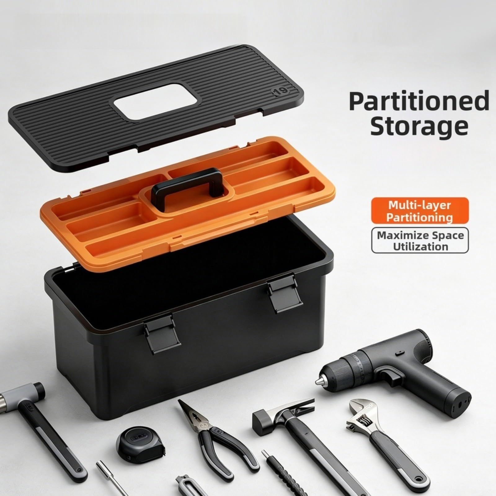 Cassetta degli attrezzi in plastica, organizer modulare a doppio strato con manico, custodia in PP+ABS per strumenti e parti, 46x21x21cm (19)
