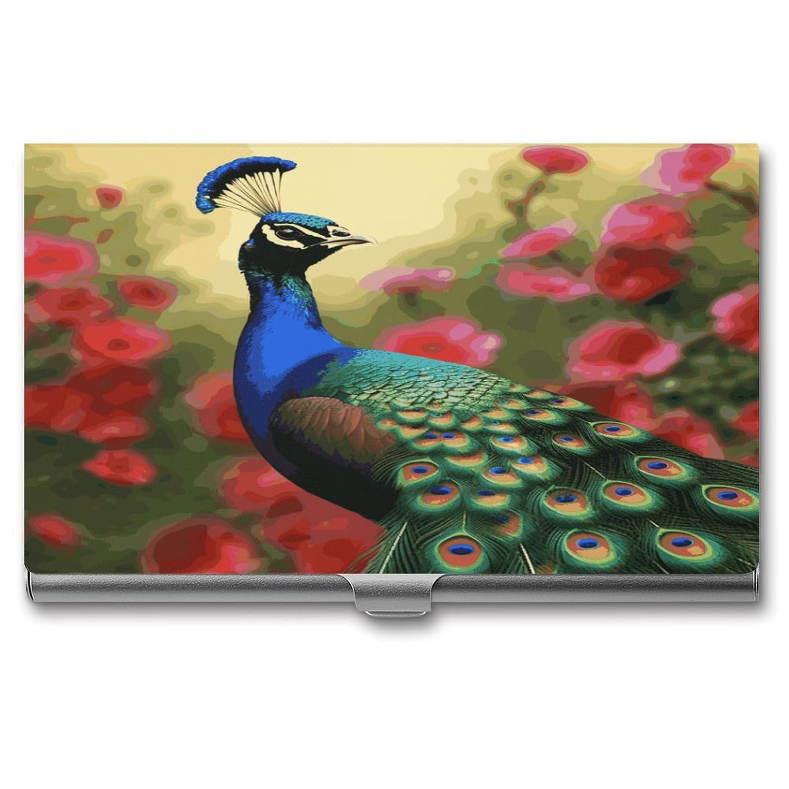 LDGSUPH Peacock Flowers Business Card Holder Fashion Slim Name Card Holder Minimalist Design Case Metal Card Carrier Personalized Business Card Case with Flip for Men Women