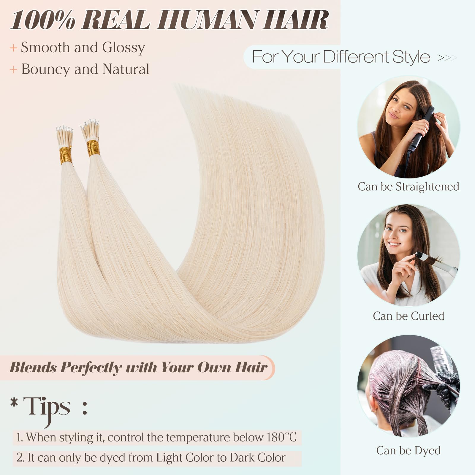 Benehair Nano Ring Hair Extensions Real Human Hair Extensions Nano #60 Platinum Blonde Straight Remy Invisible 50g/Pack 18 Inches - Image 4