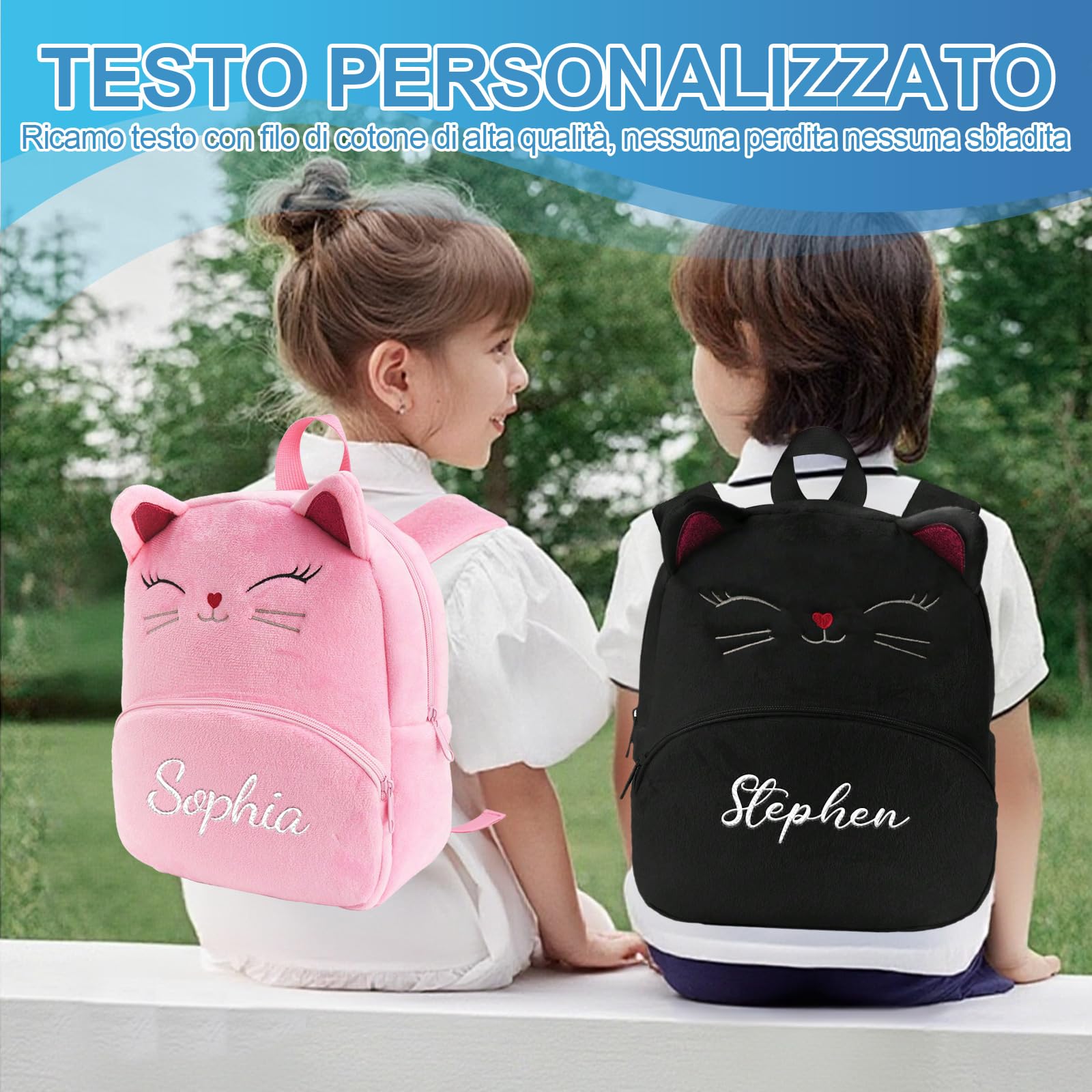 Generico Zaino Asilo Personalizzato con Nome, Zaino per Bambini e Bambine a Forma di Gatto, Mini Zaino Leggero per Asilo Nido, Scuola Materna e Viaggio (Rosso)