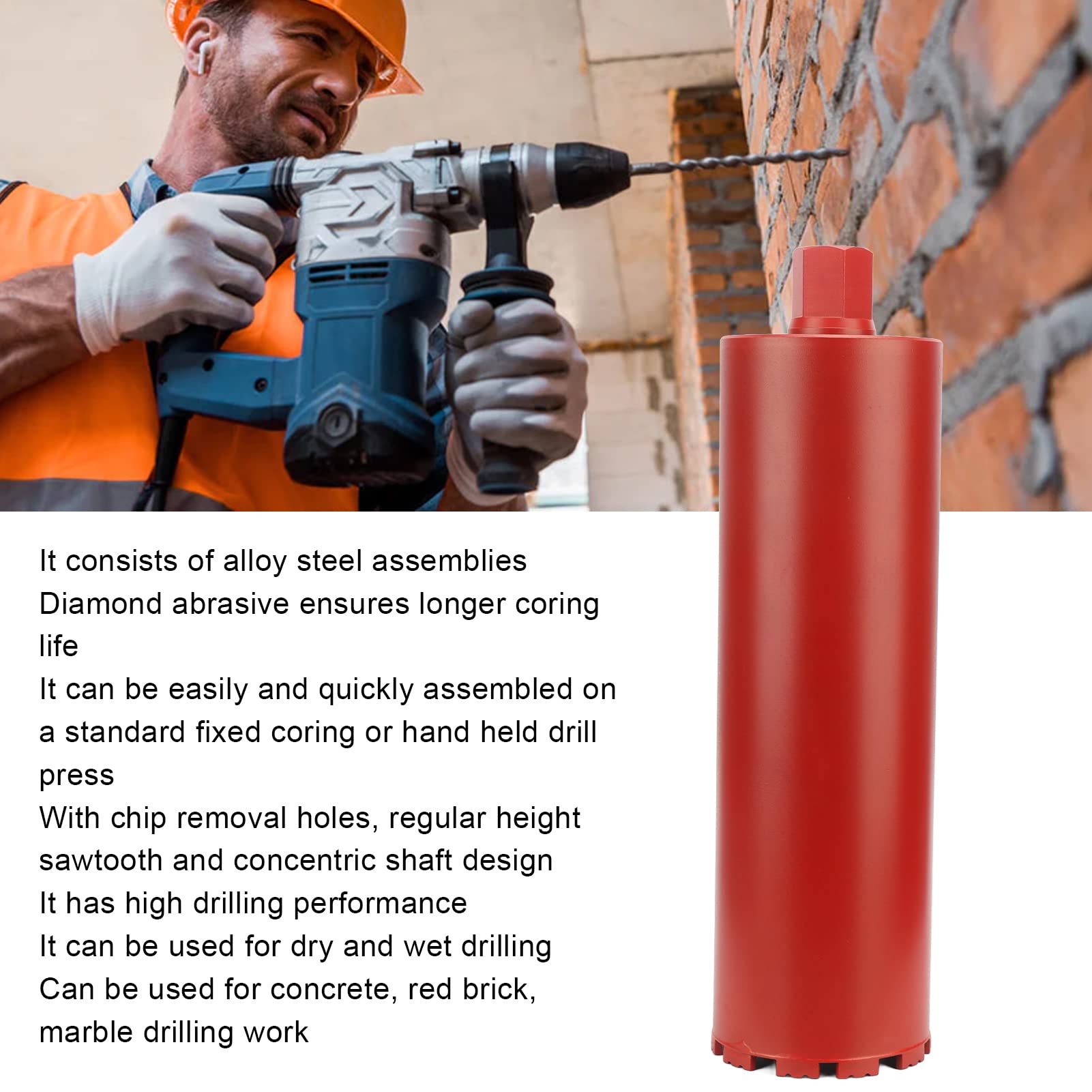 Tissting Brocas de perforación en seco y húmedo, Broca de Núcleo de Diamante Profesional 5/127 mm 450 mm Acero Aleado para Hormigón Ladrillo Mármol para Construcción Renovación Instalación