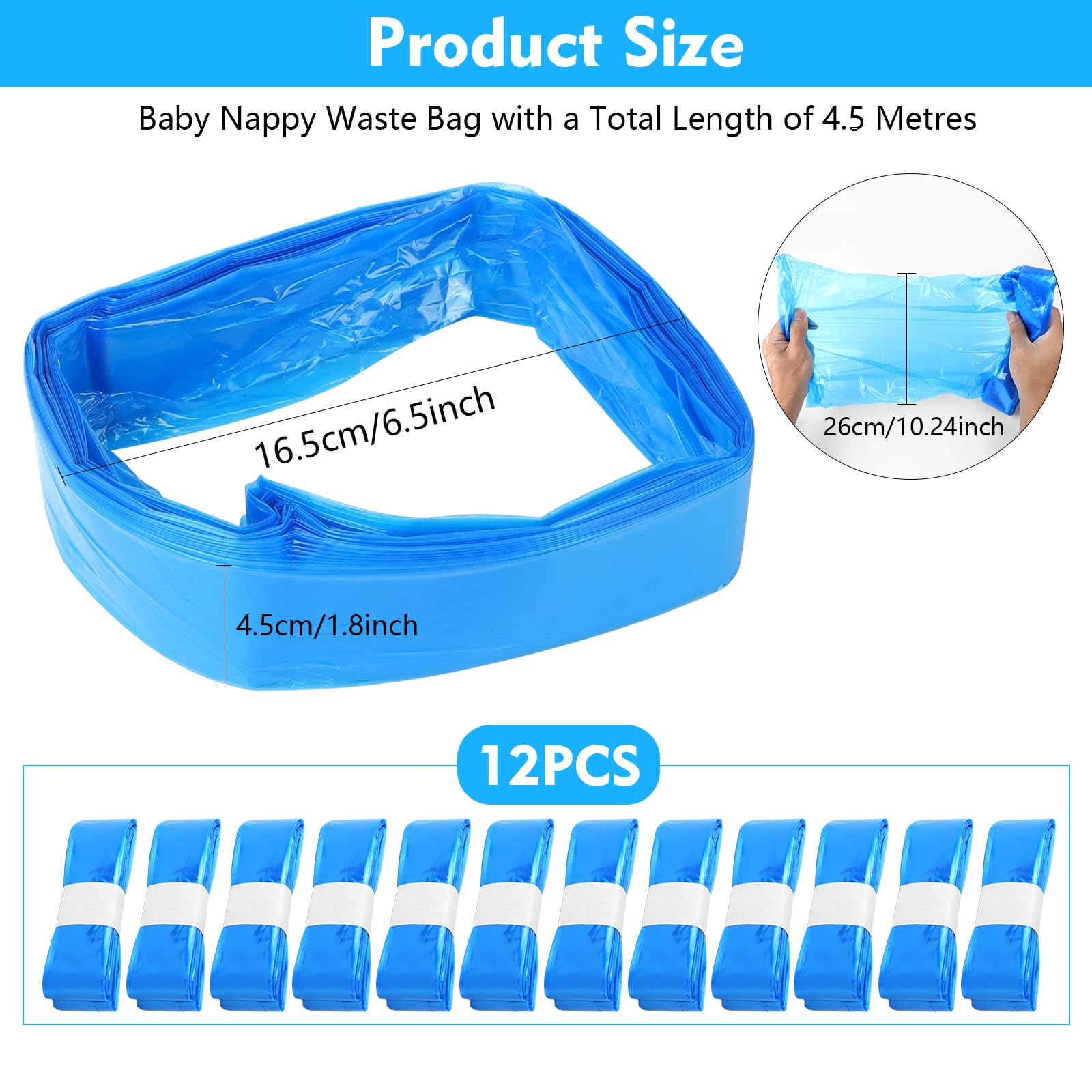 12 Recambios para Cubos de Pañales, 4.5m Recambio Contenedor Pañales, Barrera de Olor Súper Fuerte, Compatible con la mayoría de las papeleras, Azul claro