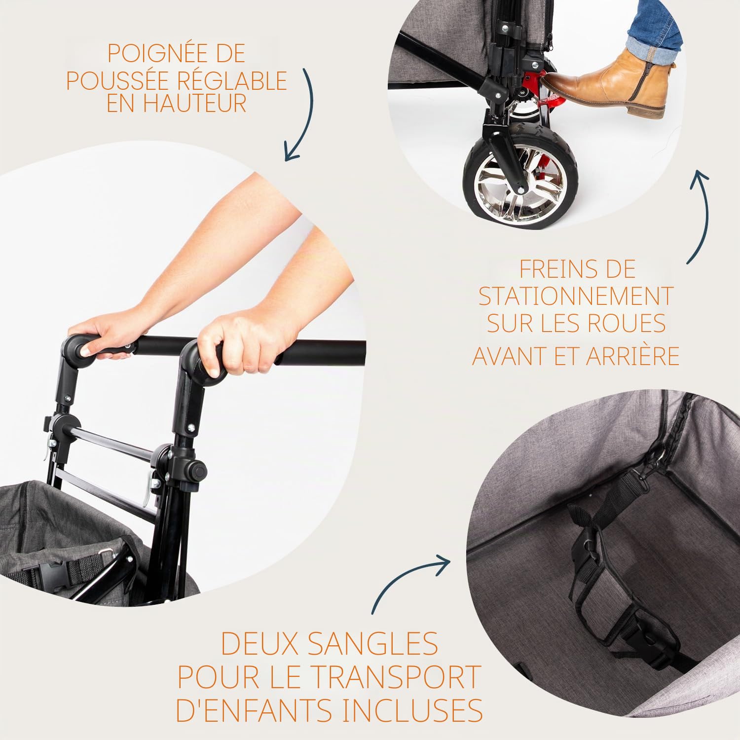 Poussette pliante "AddPlus" avec frein, gris chiné, Charge maximale 80 kg, Homologuée pour le transport d'enfants, Toit solaire inclus, Rallonge de la surface de chargement relevable et amovible